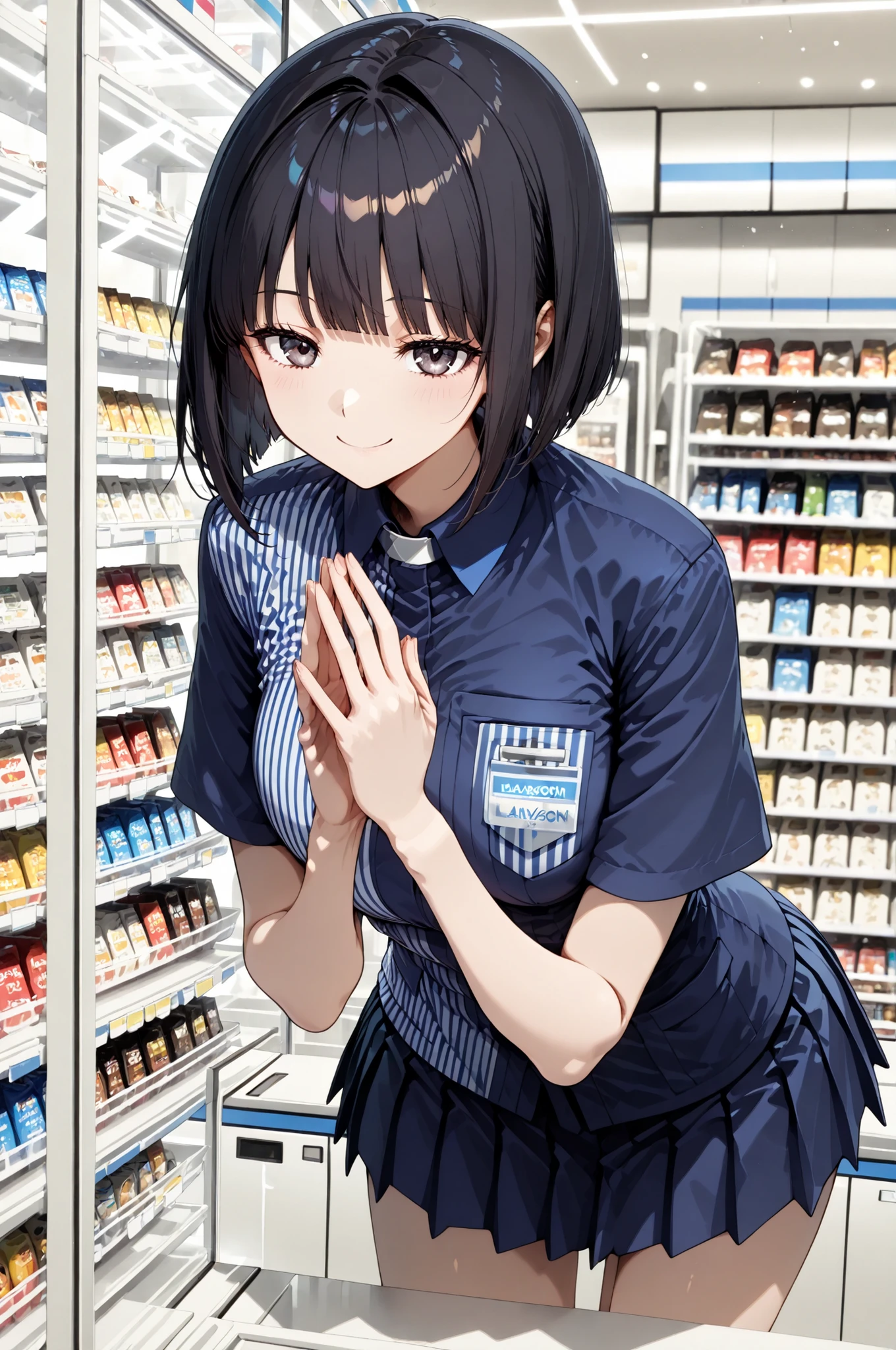 1 Girl, Lawson's uniform, mini skirt, Bob Hair, dark haired, jitome, Convenience Store:1.2, registers, solo, ((Smile Yan)), (steepled fingers), 4 fingers:1.2, ((In front of the display shelf, crouches:1.4)), Pay attention to light and shadow in every detail, blurred background, (Highest Quality:1.2, 4K, 8k, Very Detailed, attention to detail, masterpiece:1.2, Ultimate aesthetics),