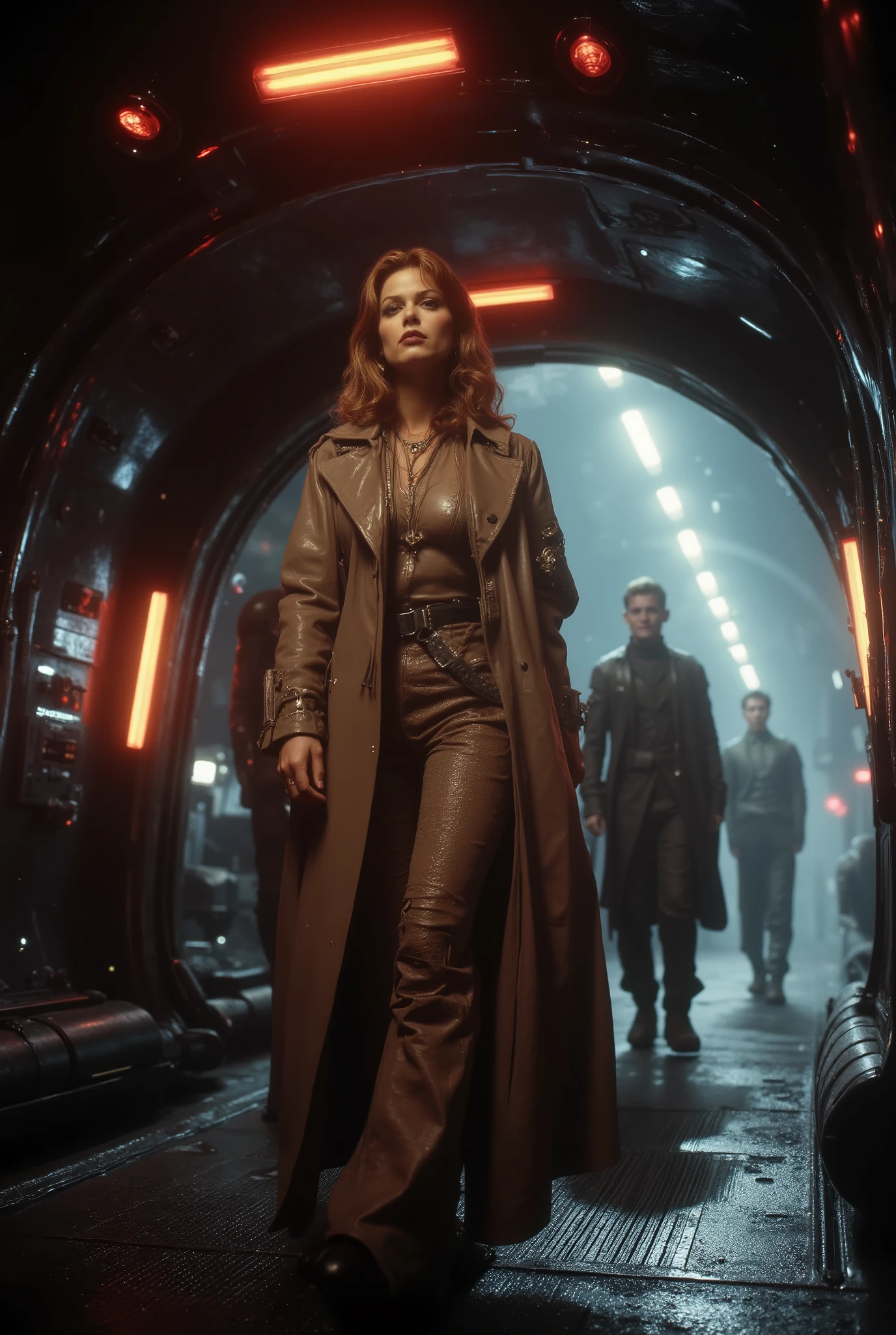 he rich heiress steps off of her luxury yacht at Titan’s spaceport. Her sycophant board of directors follows walking behind her in a group whispering to each other. Her spaceship yacht is sleek and futuristic. The spaceport is loud and busy. Intricate details, depth of field, cinematic, volumetric lighting. Space opera, science fiction