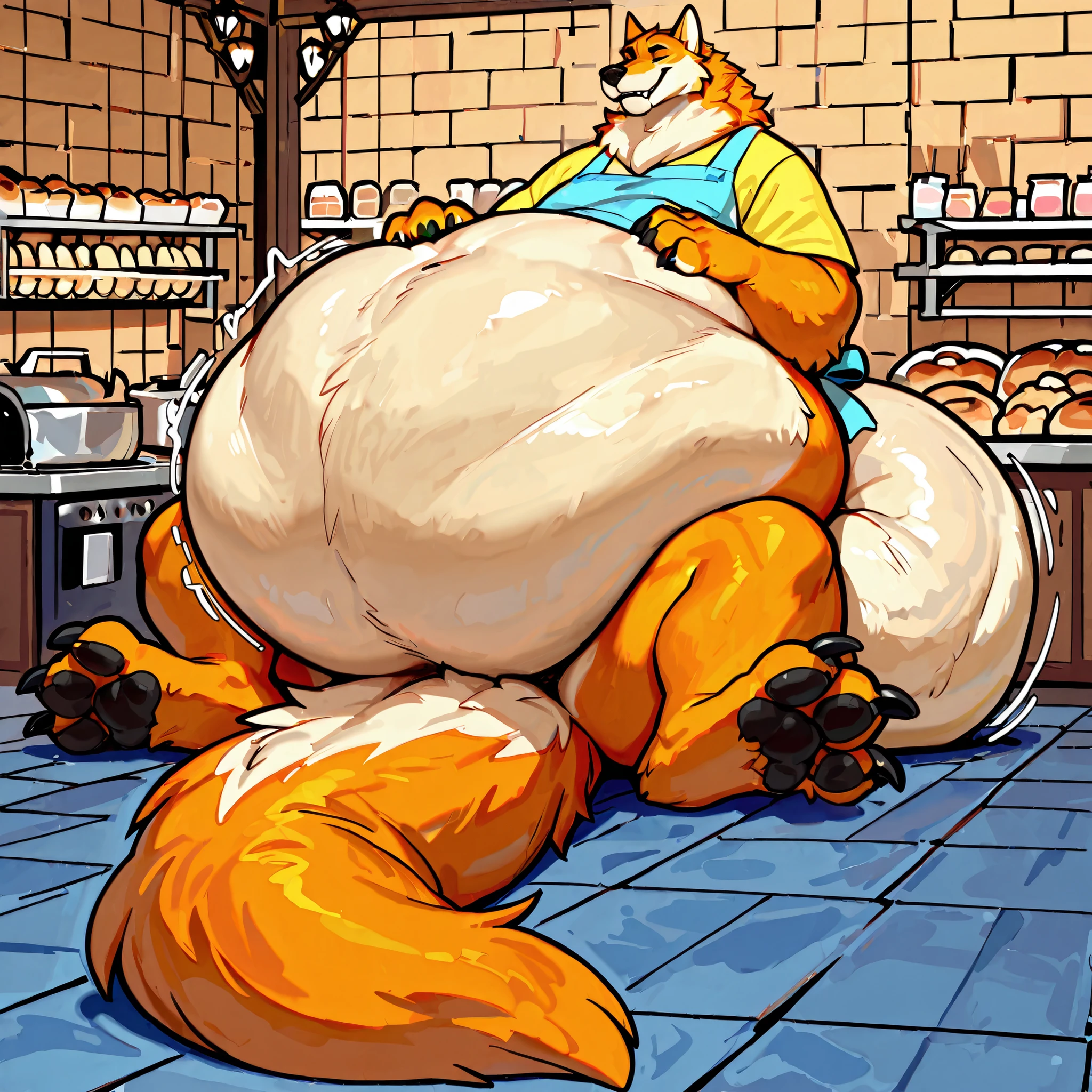 4k ultra quality, 4k full body view,(ultra high detailed body),(wolf taur:1.3),by mystikfox61, by glitter trap boy,feral paws, by bebebebebe,by morethreedee, by seibear,sharp nails,((sfw)),(ultra detailed face),detailed eyes,big tail,(hyper tail:1.2),(detailed tail),fluffy belly,enomorous tail,bigger tail,huge tail,volumetric light,fluffy paws,(wolftaur), beast,(bigger lower body),(thick legs:1.2),(thick paws),master works, super fine, 4k resolution, high quality,high picture detail,illusory engine, Masterpiece,enomorous taur belly, huge taur belly,(hyper belly),(wearing shirt),((smaller head)),((enomorous body)),(thick paws),(light orange fur),cream belly fur,creae taur belly fur,big mouth,belly bed,lying,mouth open,big packs,leather belts,multiple belts,(pastel style),in a bakery,(apron),carrying a tray,struggling belly, stretchy belly, struggling stomach, writhing belly,(sitting),(vore:1.5),(plug),hugging belly,(round belly),smooth belly,(obese taur)