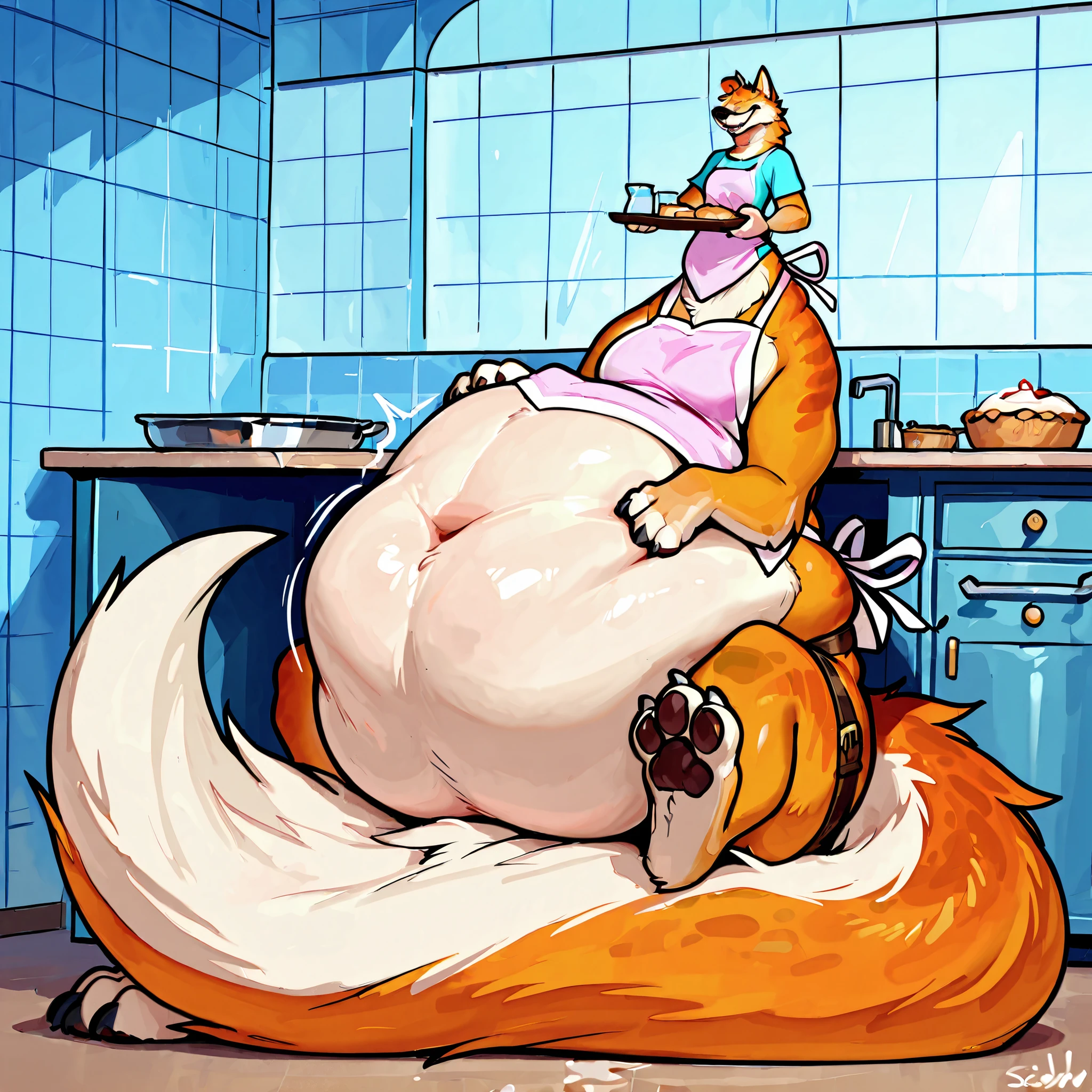 4k ultra quality, 4k full body view,(ultra high detailed body),(wolf taur:1.3),by mystikfox61, by glitter trap boy,feral paws, by bebebebebe,by morethreedee, by seibear,sharp nails,((sfw)),(ultra detailed face),detailed eyes,big tail,(hyper tail:1.2),(detailed tail),fluffy belly,enomorous tail,bigger tail,huge tail,volumetric light,fluffy paws,(wolftaur), beast,(bigger lower body),(thick legs:1.2),(thick paws),master works, super fine, 4k resolution, high quality,high picture detail,illusory engine, Masterpiece,enomorous taur belly, huge taur belly,(hyper belly),(wearing shirt),((smaller head)),((enomorous body)),(thick paws),(light orange fur),cream belly fur,creae taur belly fur,big mouth,belly bed,lying,mouth open,big packs,leather belts,multiple belts,(pastel style),in a bakery,(apron),carrying a tray,struggling belly, stretchy belly, struggling stomach, writhing belly,(sitting),(vore:1.5),(plug),hugging belly,(round belly),smooth belly,(obese taur)