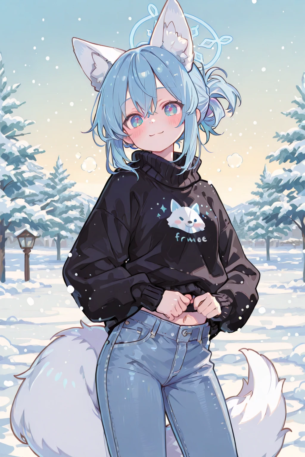a cute adult male with wolf ears, long white hair, long locks, has a wolf tail, wearing a loose cropped black hoodie, wearing a pair of denim short shorts and fishnet stockings, thick thighs, wide , relaxing on mound of fluffy multi colored kawaii plushies, short, very slim, showing slender tummy, heart on hoodie, squishy thighs, has glowing blue eyes. alone, solo (ALONE)(SOLO), surrounded by rainbows, colorful galaxy backround