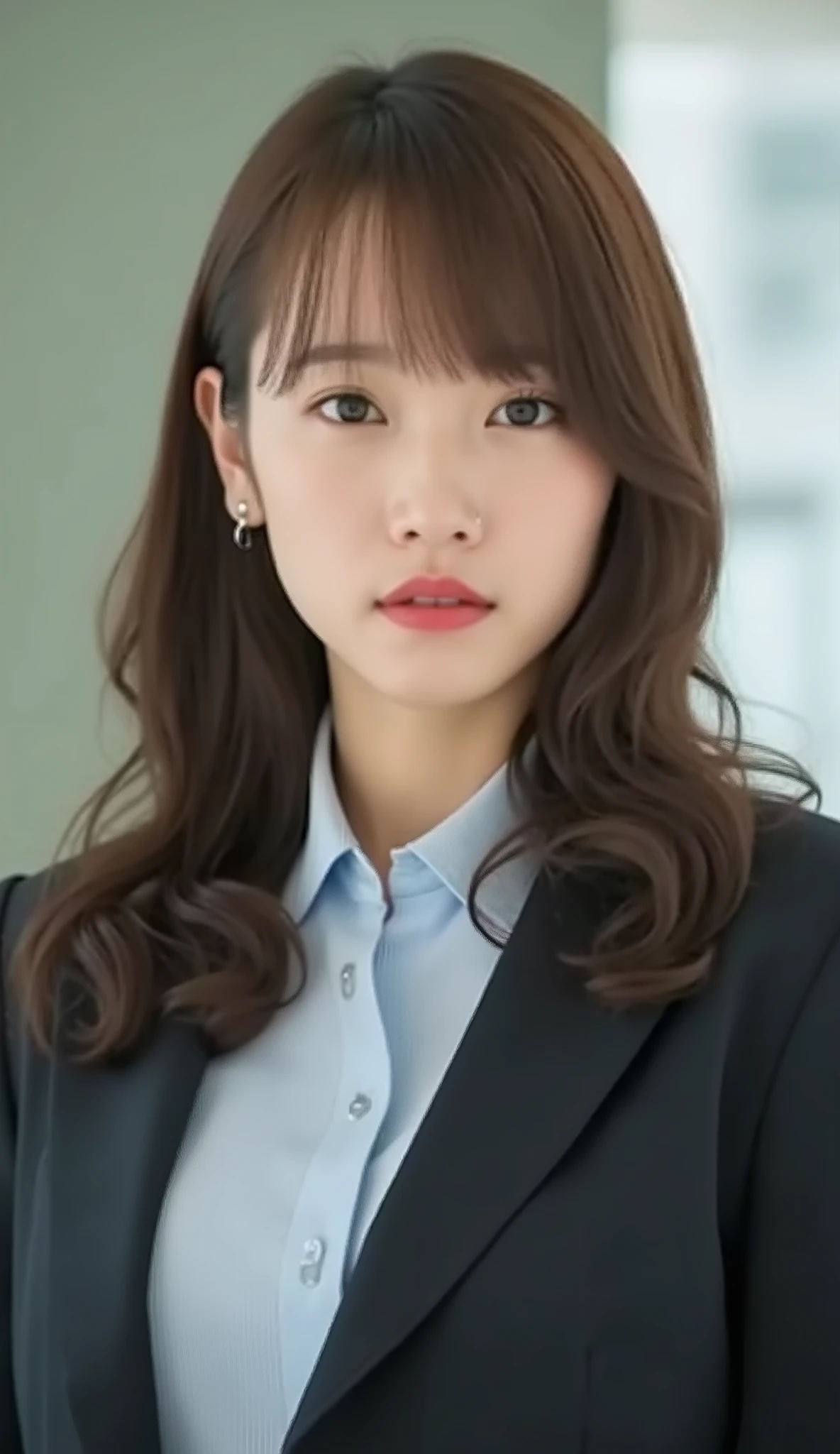 Neat Young Woman、looking at the camera、office lady suit、jacket、shirt、Ear piercings、前髪あり、無表情、口を閉じている、face close-up、The background is office