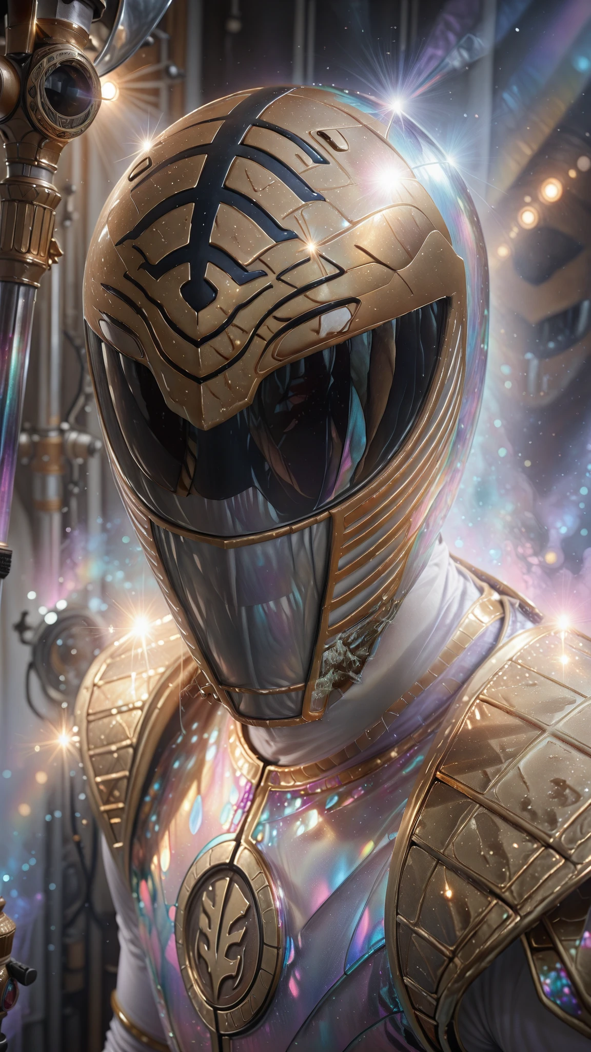 zzWhiteRanger, helmet, 1boy , background is ((holographic iridescent texture, metallic rainbow surface, soft gradient of pink blue purple and turquoise, reflective light, ultra realistic lighting, shimmering reflections, 8k, studio lighting, cinematic look, close-up shot, smooth details, high gloss finish))