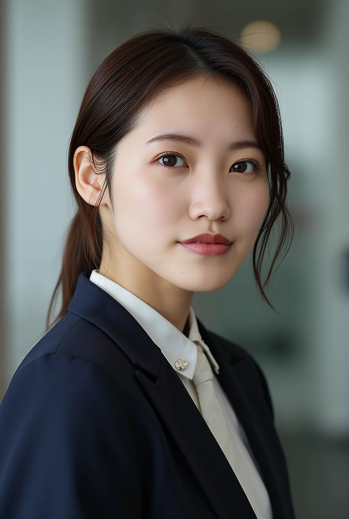 Neat Young Woman、looking at the camera、office lady suit、jacket、shirt、Ear piercings、前髪あり、薄い茶髪、無表情、口を閉じている、face close-up、The background is office