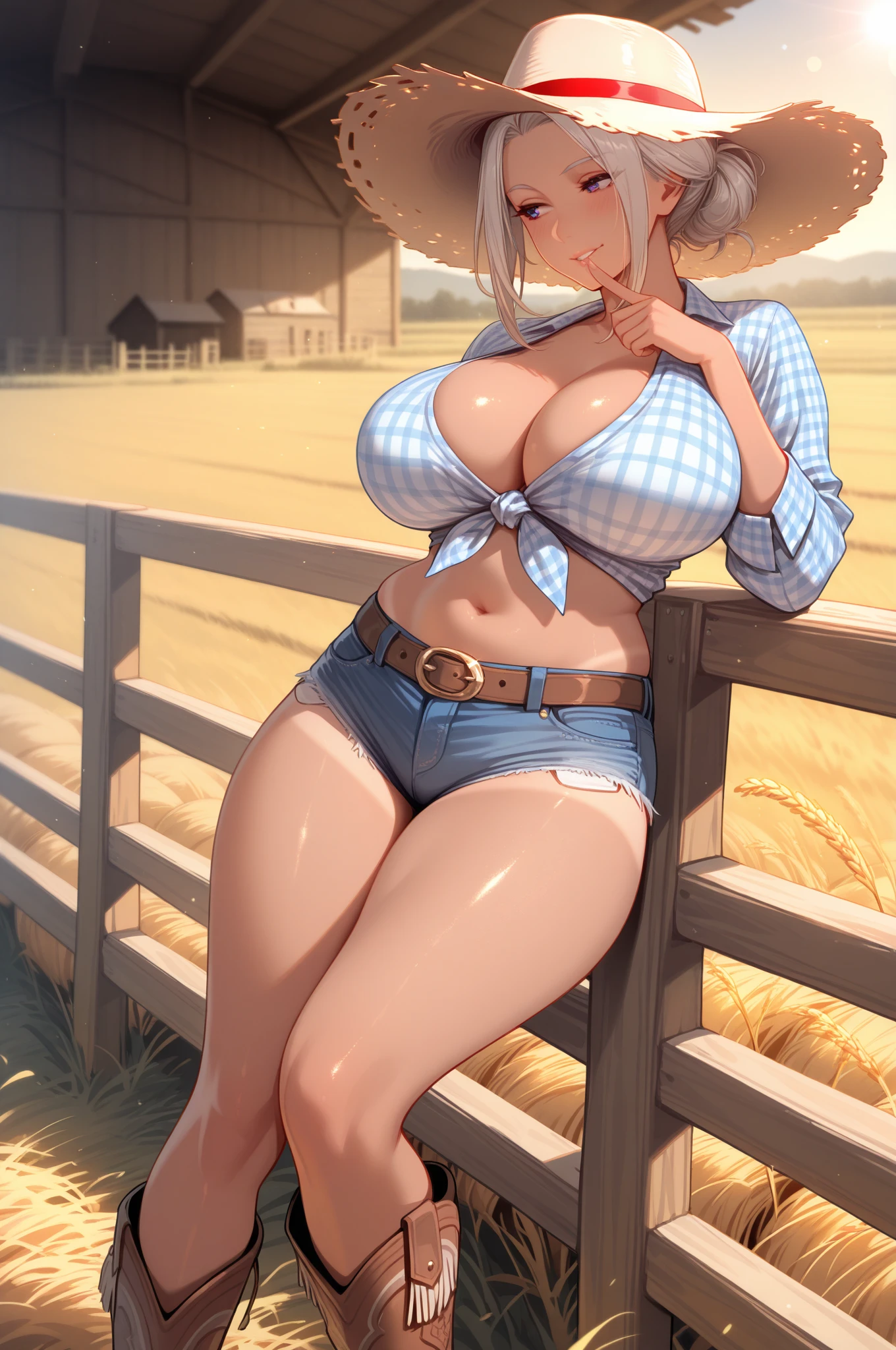 Jennifer Lawrence, (Jennifer Lawrence:1.5), (masterpiece quality, (masterpiece quality:1.3), realistic, (realistic:1.3), 1girl, (1girl:1.9), solo, (solo:1.9), on a farm, barn in background, sunny day, blonde hair, (blonde hair:1.5), shoulder-lengeth hair, (shoulder-length hair:1.5),  , ( :1.5), wearing blue Jean shorts, (blue Jean shorts panties:1.5), wearing choker collar, (choker collar:1.5), midriff, (midriff:1.5),  pose, , (:1.5), 