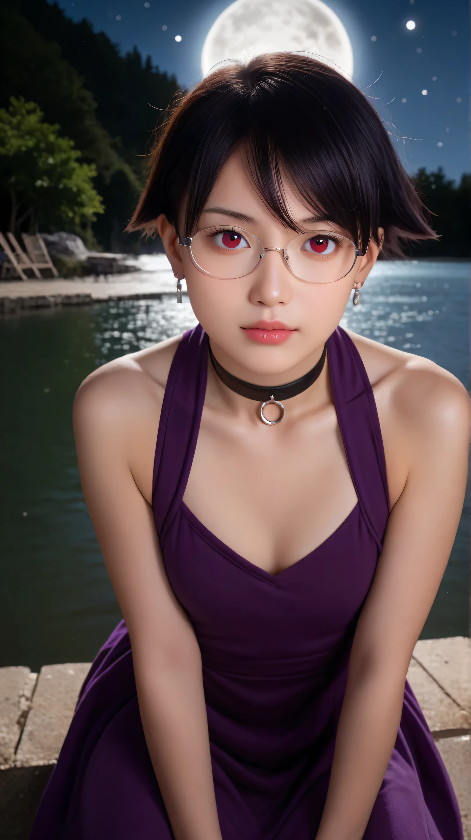 Masterpiece, best quality, 8k, ultra high resolution, photorealistic, cinematic composition,1girl, solo,sarada uchiha,red eyes,red eyes, black hair,(very short hair:1.5),outdoors,potrait,small breast,nature,sitting on lake,navel,wear glasses,close up,earings,bare shoulders, looking at viewer,Masterpiece, best quality, 8k, ultra high resolution, photorealistic,cinematic composition.(chokers:1.5),har between eyes,night,(wear purple dress:1.5),(moon light:1.5)