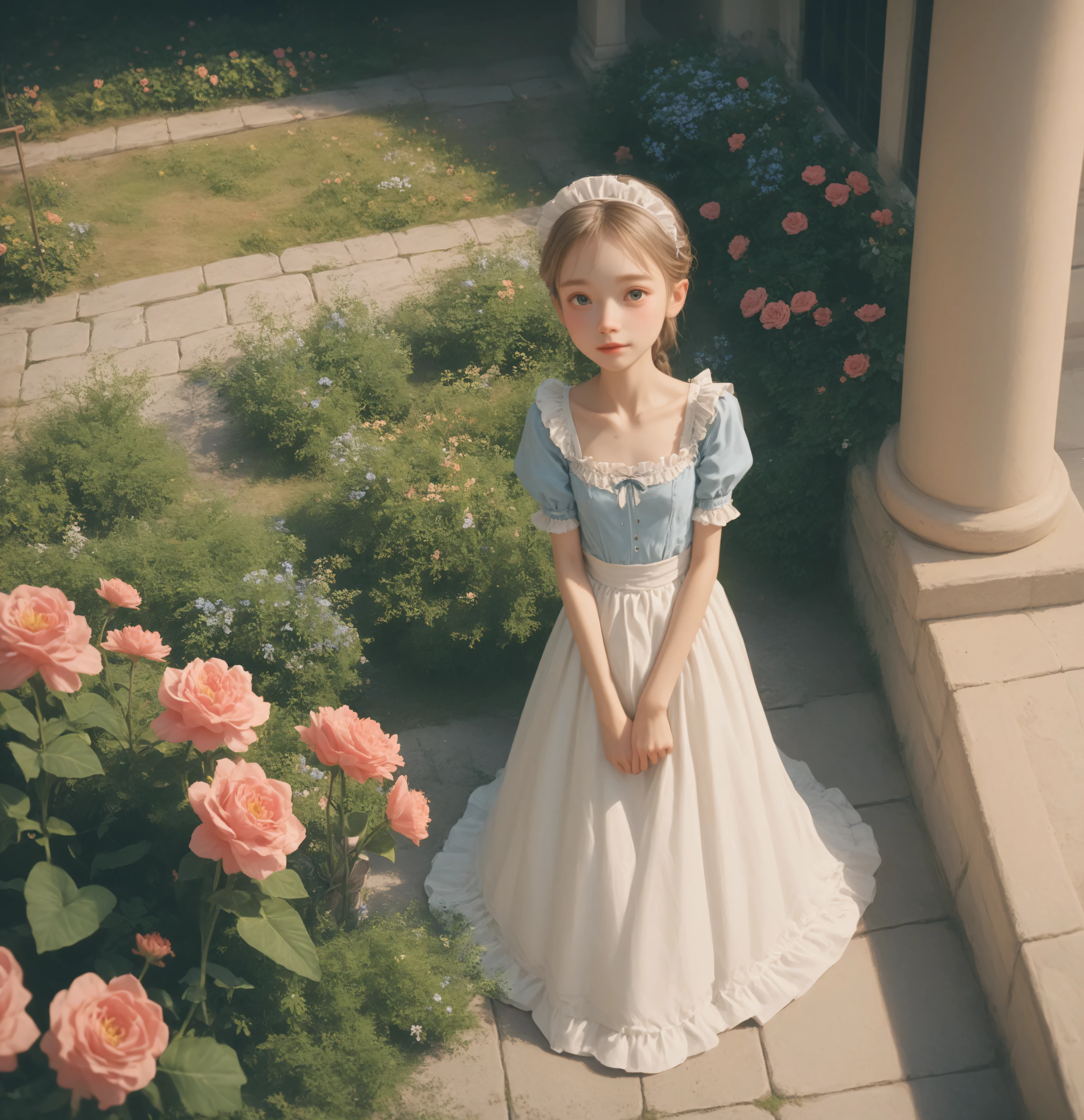 1 Girl、maids,Look at the audience,(skinny:1.35),(younger:0.05),from above,lean forward,is watering flowers outside the mansion,japanese,(smile Yang:0.24),my left hand is touching my