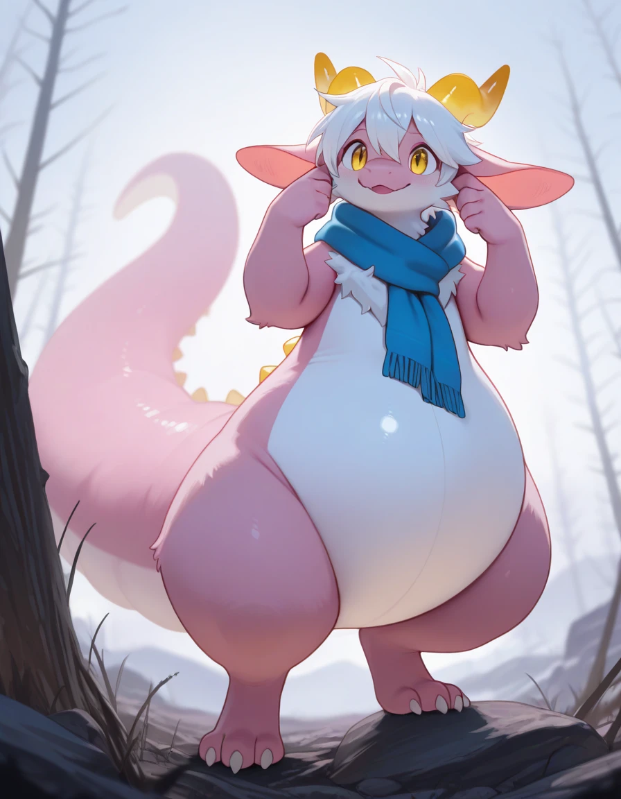 Background with：The sky is as blue as water，and the sun was shining brightly，Rough waves on the white sand beach。Character characteristics：Pale pink eyes，The hairy body is particularly fat。garments：Medieval traveler trousers are elegant and flowy。