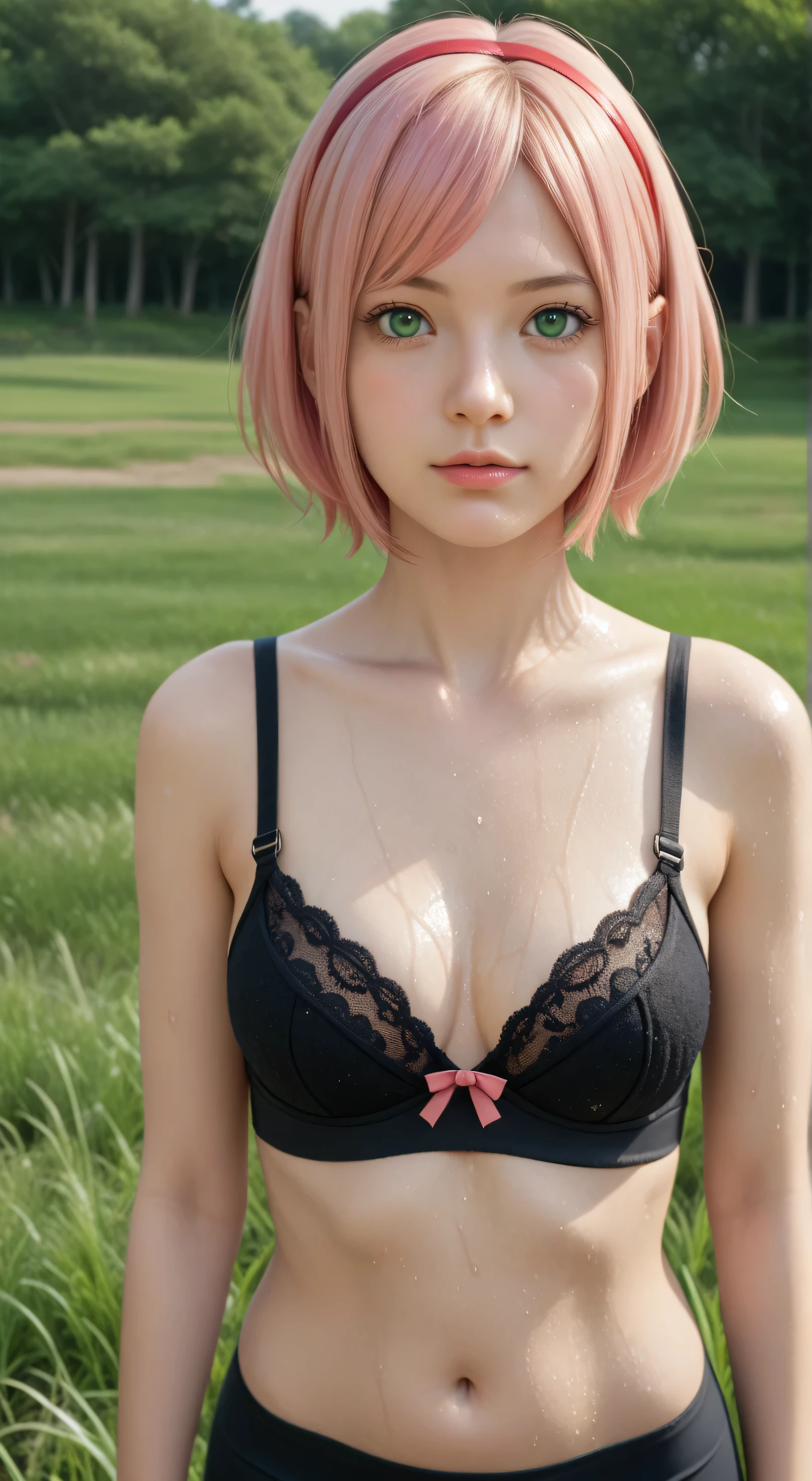 1girl, solo,haruno sakura,emerald eyes,pink hair,(short hair:1.5),outdoors,potrait,small breast,nature, standing still,sidelocks,red sunset,looking at viewer, front view,close up,black glove,(wild grass background:1.5),(wear bra:1.5),bike shorts,navel,(wet body:1.5)