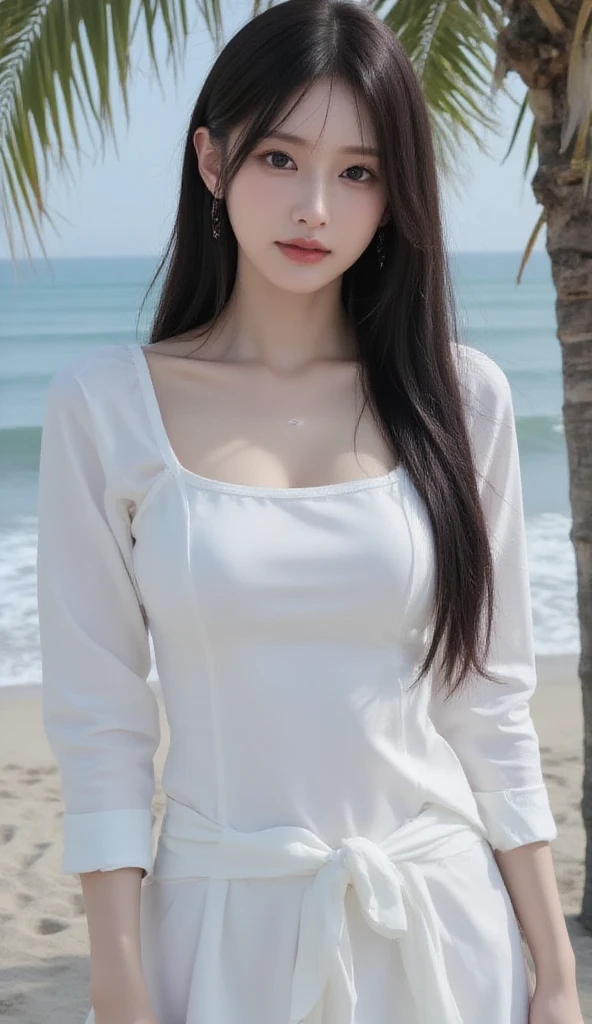 a woman 18-years old，Melon seed face，Exquisite facial features，Oval face，Long black hair，White skin，Detailed background，Rich details，panoramic，masterpiece，Movie，Best picture quality，Ambient Lighting，She was wearing a wet white short-sleeved top and a white，Milk developed，Her hair is black，And it looks like it just came out of swimming or playing in the water.。A vast expanse of water and sky can be seen in the background，giving people a sense of tranquility and relaxation。