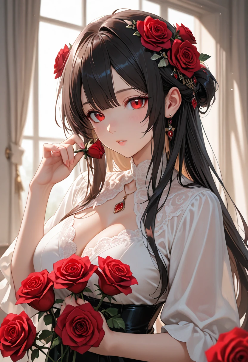 araffed woman in lingerie posing on a bed with a red rose, lingerie, very Sexy devil outfit, Red and black costume!!!, wearing Sexy lingerie, laced lingerie, black and red, enticing, fantasy outfit, black and red Silk clothing, black and red only, lingerie!!, Silk, tease, Red and black, Sexy, Sexy :8, Tumbler、surreal waiizi flowers, soft light misty, magical flowers, flowers with very long petals, Vague bouquet, a glowing flower, alien flower, beautiful image,  a glowing delicate flower, staggering in its beauty,Higanbana、amaryllis、a close up of a field of Red flowers in a forest, red blooming flowers, Bright but gloomy red, glimpse of red, Red flowers, very red colors, Red Forest, Bright red, Bright red colors, Red flowers of different types, Bright red and green colours, in a red dream world, Red magic surrounds her, Red irises、Arafed view of the room with table and vase,  Japanese houses,  Stunning light reflection, traditional japanese colors, Gorgeous composition, magical colors and atmosphere, A dark-haired、Black hair、A dark-haired姫カット、A dark-hairedロング、hair adornments、hairpin、Flowers in the hair、Flowers in the hairびら、Best Beauties、Awesome、well-styled、exquisite style、dual、Black eyes、Seductive eyes