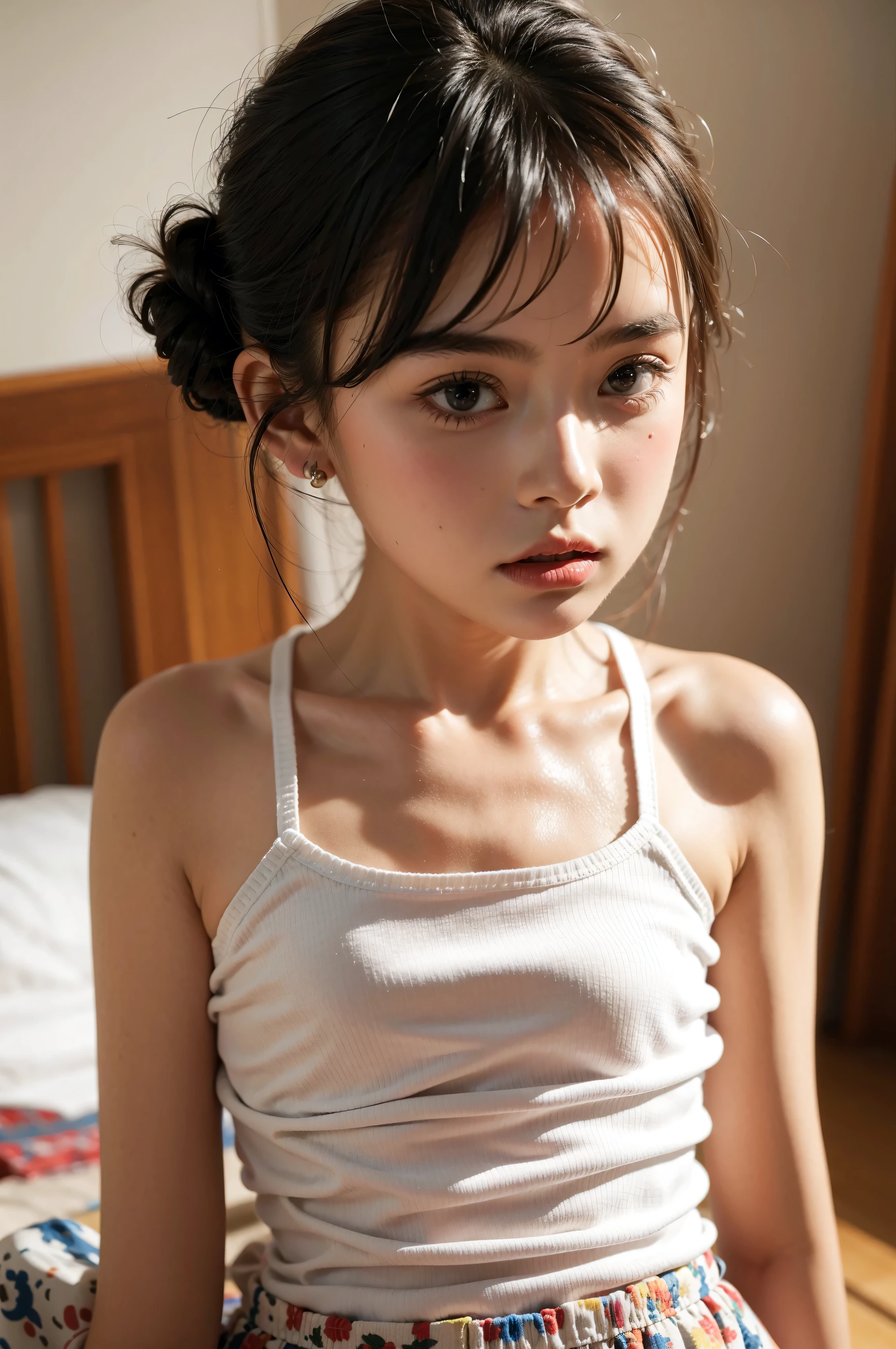 sfw,  Detailed Realistic , after the rain , detailed girl, properly dressed,   ( white dress:1.3)   ,  (   Very Small Breasts    :2.3) , ( flat chest:2.0),  wet hair ,  medium hair,  beautiful and cute face, covering chest by arm , very shy