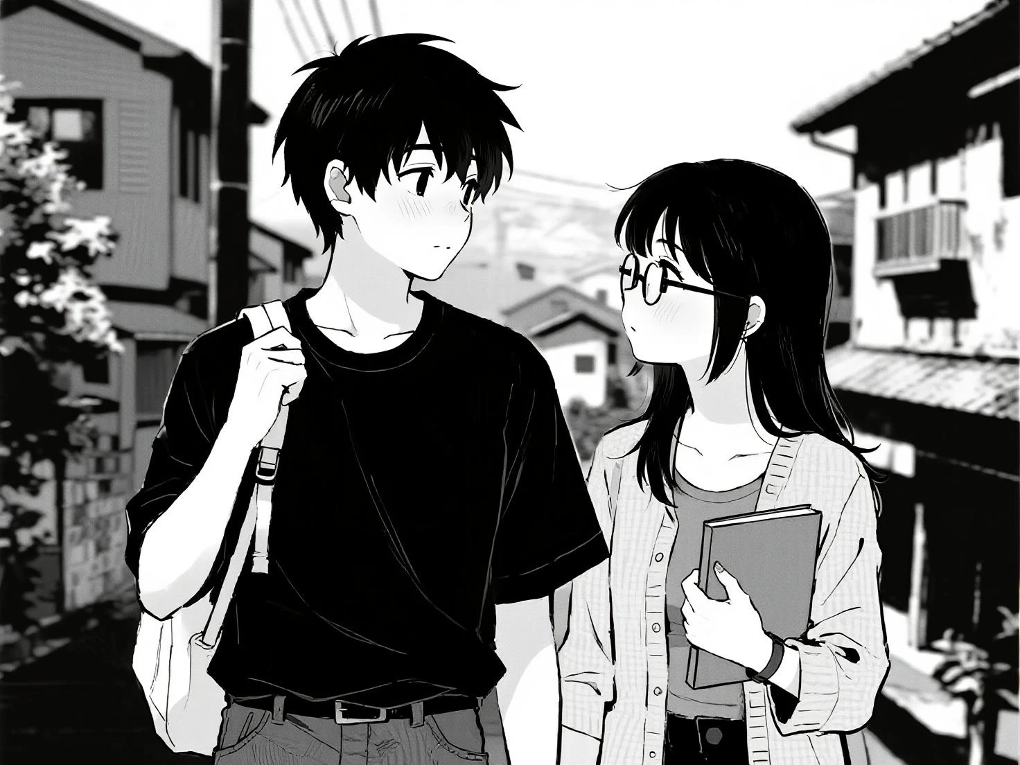 masterpiece, best quality, 1girl, mamerakkkkko, grayscale, manga style, japanese, chi no wadachi, black eyes, street, iced, black hair, schoolbag, smile, lineart, white background, white shirt, grey shorts, centered, 18 years old, tall, fair skinned
