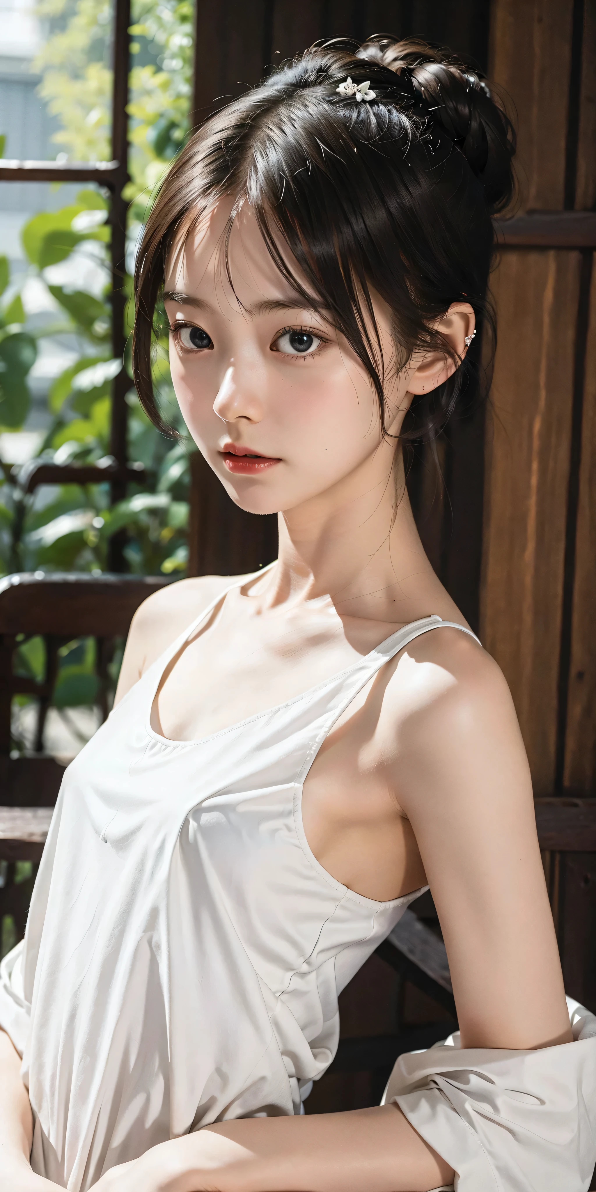 (A hyper-realistic), (illustratio), (hight resolution), (8K), (ighly detailed), (The best illustrations), (beatiful detailed eyes), (top-quality), (ultra-detailliert), (​masterpiece), (wall-paper), (详细的脸), mountain fuji on the background、Upper body close-up,Armpit, A smile,Plump,独奏,Girl in simple white t-shirt, full of sweat, japanes, large full , (camel's toe)、 Angle from the side(Looking at the camera)、hard 、both hands behind head、 of the 、