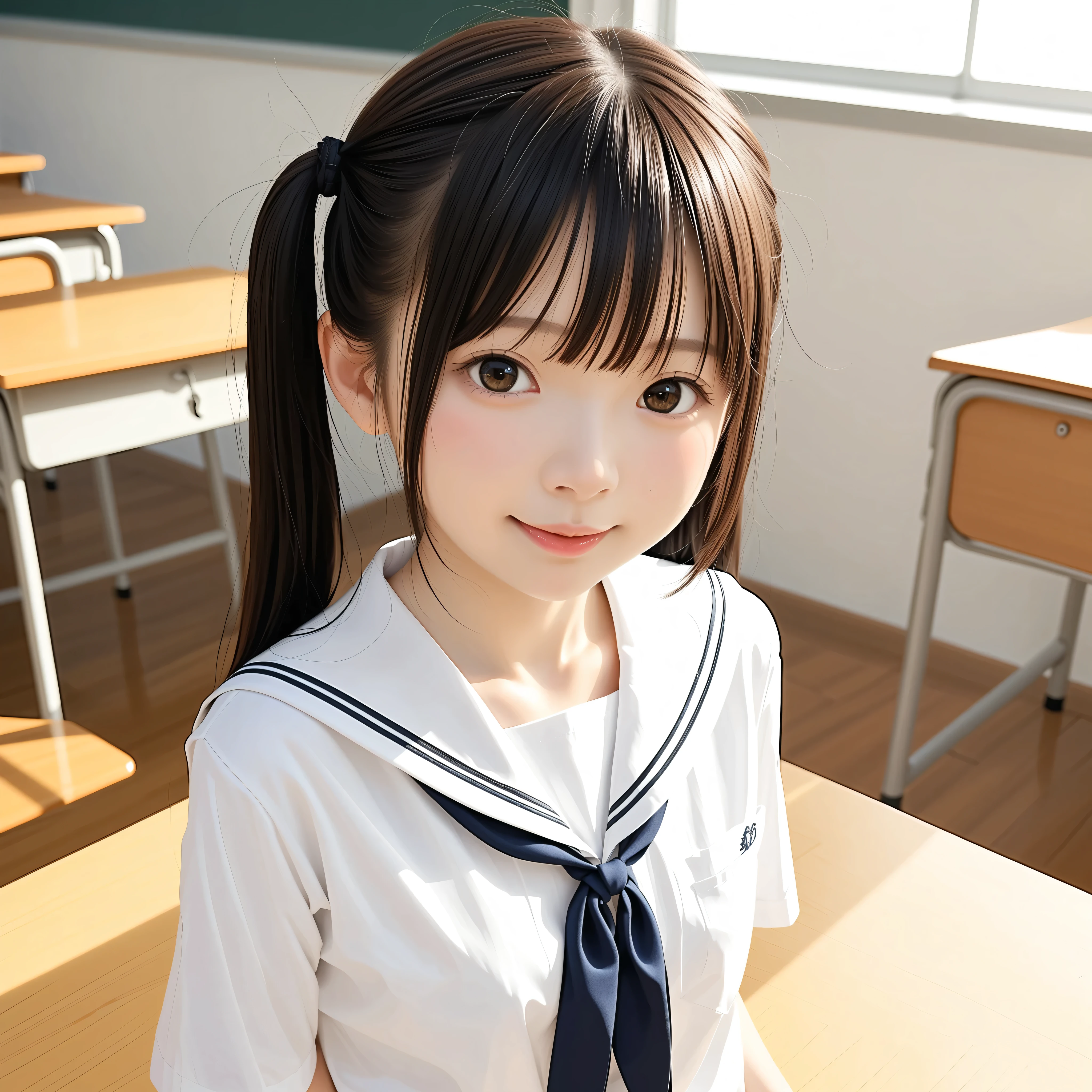 ( white skin:1.0),cute girl,かわいいyounger女の子,slender,short,skinny,slender,thin body,Toddler_body,younger,score_7_ up,score_8_ up,score_9,realistic,School Uniform,school classroom,small butts are not posing,small breasts,sunlight,japanese,smile Yang:0.4,Narrow Shoulder,Nice,a young and cute girl,younger
