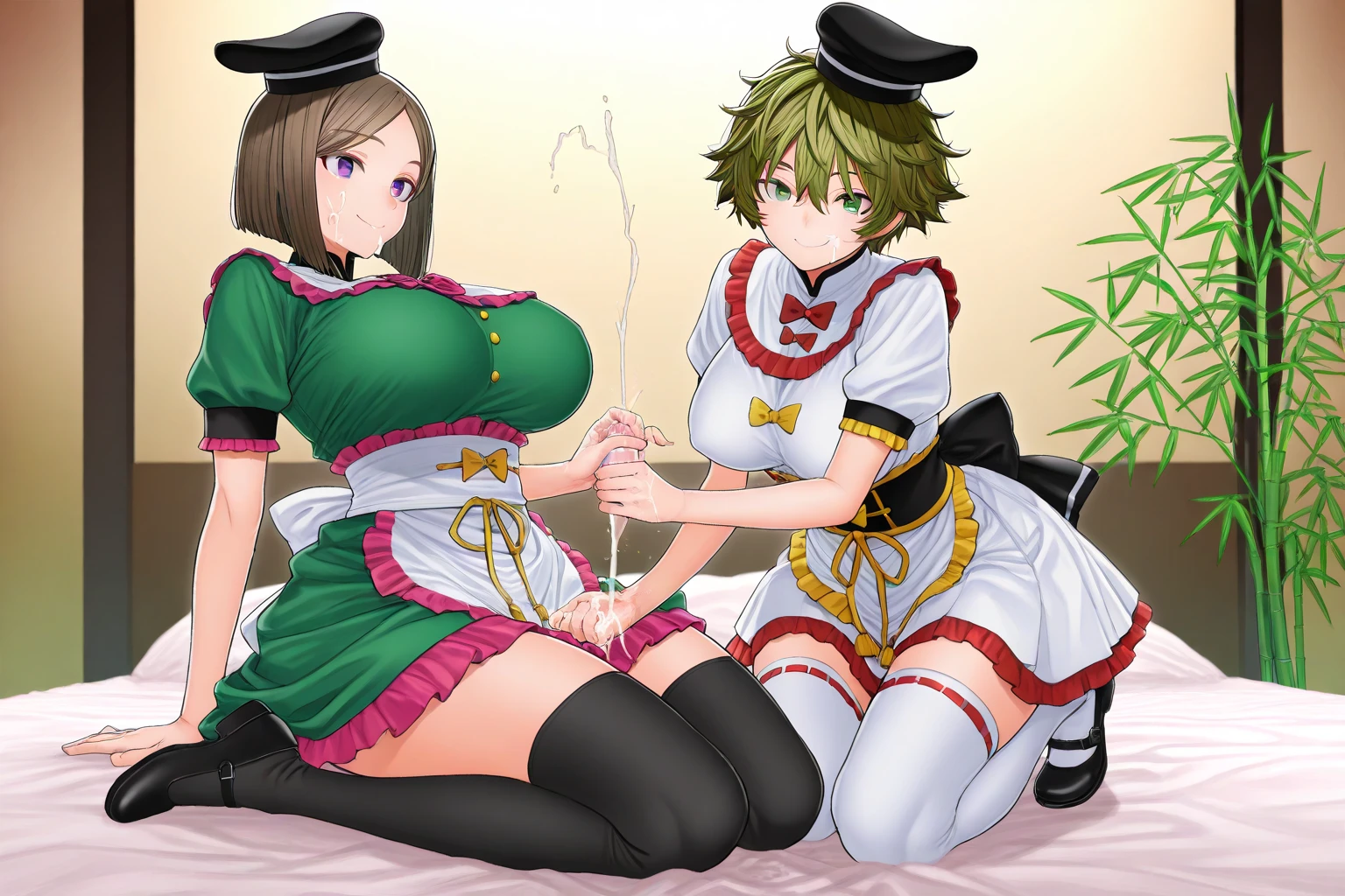 masterpiece, best quality, high res, ????, ??????, 2 girls ??????????, green_hair, Blue_eyes, ?????????????, ????????????, black collar, bunny ears, ???????, ??????????, black thigh highs, classroom, kneeling on floor, ???????????, spread knees, ?????, excited smile, looking up at viewer, focus solo, penetrated ??????, girl 1 sitting on girl 2's lap, girl 2 has ?????????????, rubbing girl 1's ??????, ?????, close to ??????, ????, girl 1 and girl 2 are having intercourse to ??????