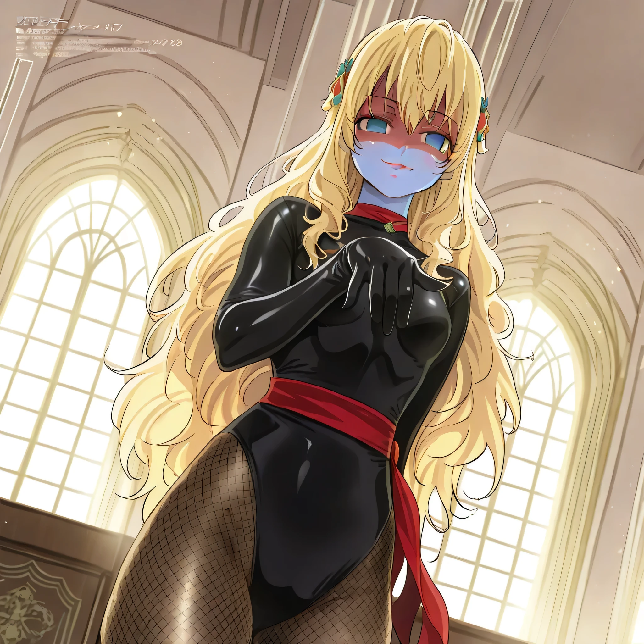 (((Masterpiece))), (((Best Quality))), ((Super Detail)), ultra-High resolution, score_9,score_8_up,score_7_up,score_6_up,score_5_up,score_4_up, BREAK, source_anime, anime screencap, uncensored, Masterpiece, (best shadow), (absurdres), (detailed background), (very aesthetic), detailed beautiful eyes, outstanding, an exquisite animation illustration, curvy, highres, dark persona, empty eyes, blank eyes, shocker, black leotard, latex elbow gloves, brown fishnet pantyhose, blue skin, colored skin, red sash, makeup, shaded face, red skin, (((solo, 1girl))), hair ornament, seductive pose, submissive pose, anime style, anime coloring, animification, megami magazine, sexy pose, small breast, athanasia, long hair, blonde hair, blue eyes, very long hair, looking at viewer, slight smile, elegant pose, calm expression, delicate features, soft lighting, window light, warm lighting, indoors, palace interior, standing, cinematic angle, dynamic angle, dutch angle,