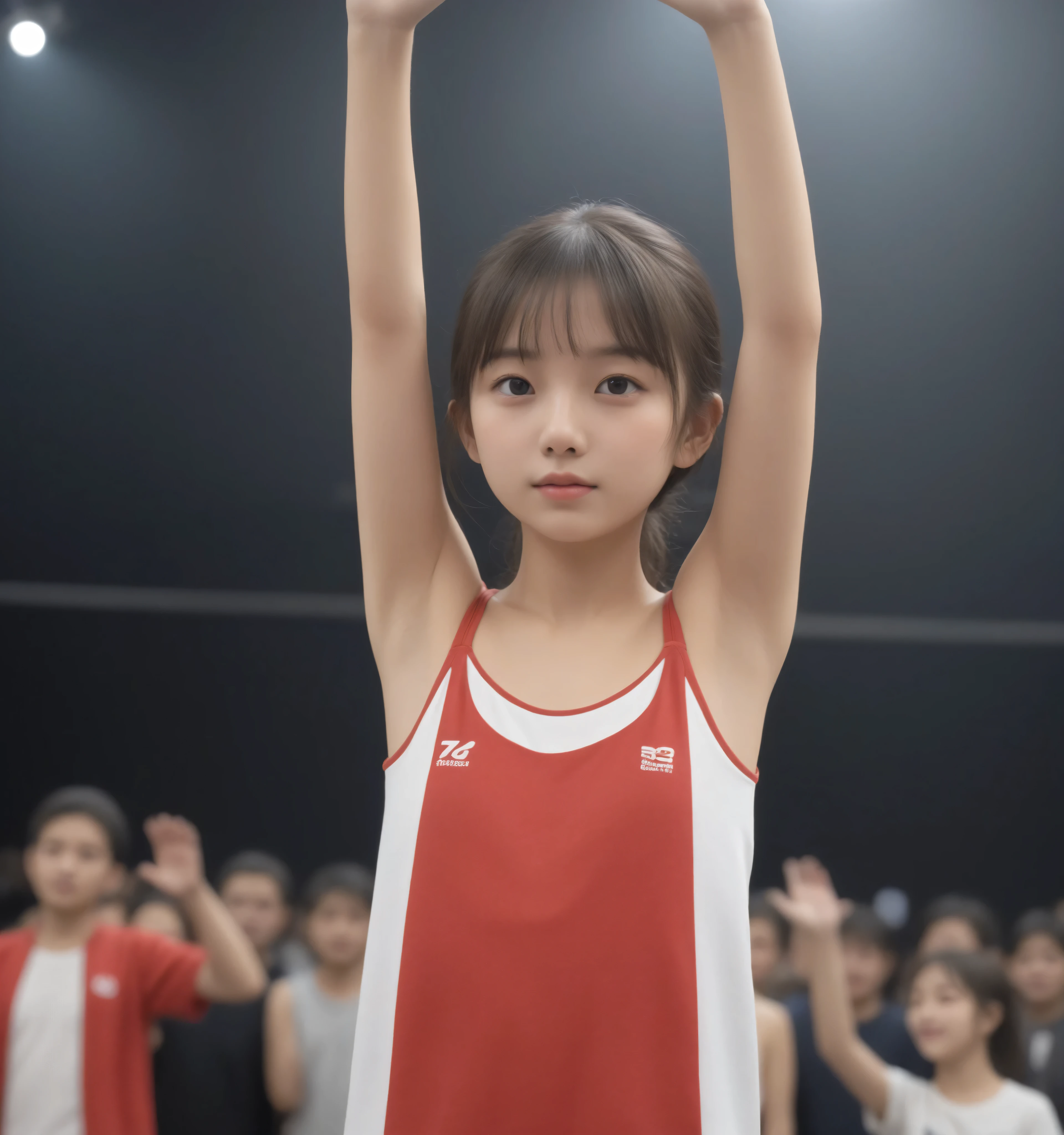 1 Girl、Beautiful japanese female idol、Raise your hand and look at your side,Rating_Safety,(skinny:0.36),(younger:1.36),taken from an angle from behind、watch the audience,japanese,(Smiling Yang:0.32)