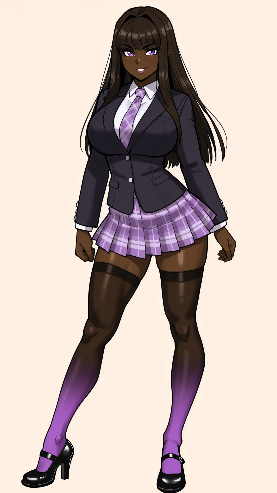 Woman with brown hair, red eyes, big , brown skin, purple skirt, gray shirt, black two skin shirt, long black socks, black sneakers, alone, serious
