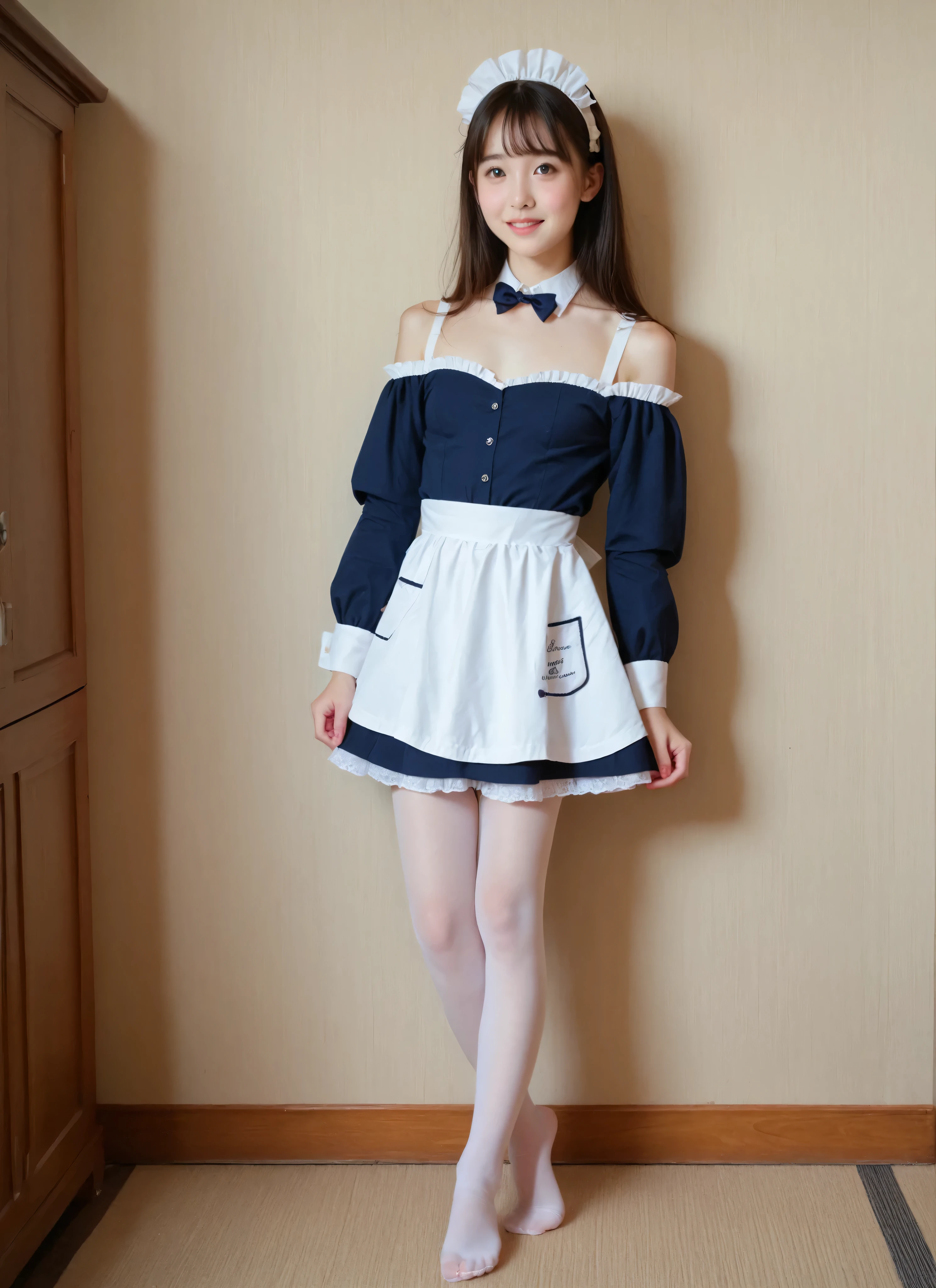 cute girl,かわいいyounger女の子,slender,short,skinny,slender body,younger,skinny,score_9,maid clothes,realistic,masterpiece,college students,small breasts,japanese,white skin, thin shoulders,thin arm,Narrow Shoulder, Leg hair ,High Precision