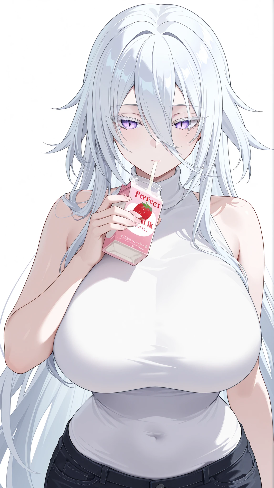 1girl, solo, anime girl, elegant, sovetsky_soyuz, masterpiece, very aesthetic, white hair, extremely long hair, very long hair between eyes, purple eyes, sharp eye outlines, white eyelashes, long eyelashes, big breasts, curvy body, white sleeveless turtleneck, black denim shorts, half body, straight-on view, standing, drinking milk, holding milk, strawberry milk, demure posture, white background, simple background, soft skin, volume light, depth of field, high detail, highres, ultra-detailed, detailed face, (detailed eyes), (perfect eyes), perfect composition, intricate details, detailed and polished anime style, (detailed hand), (perfect hand), 4K, 8K