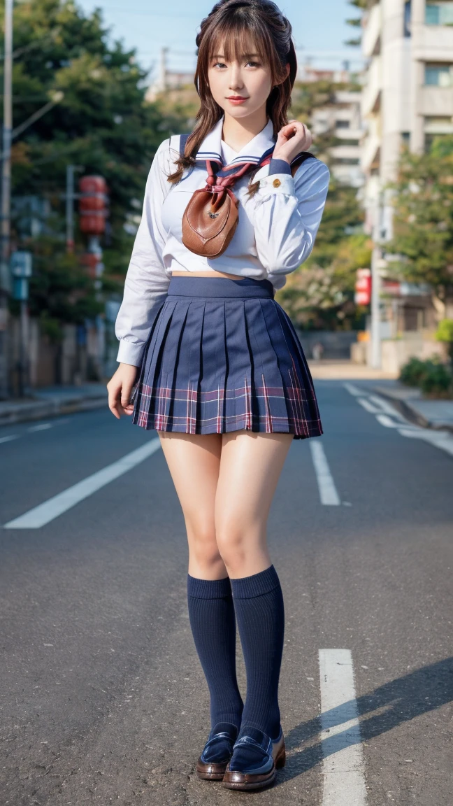 (highest quality:1.4), (hyper quality), (Super detailedな), 1 beautiful girl, So cute, wonderful face and eyes, (school uniform, Blue checked pleated micro mini skirt:1.5), (on skirt:1.9), (Beautiful and incredibly big breasts:1.3), (slender body:1.1), (thin legs), (very thin waist), realistic skin texture, bangs, bright and glossy lips, Beautiful goddess descends, beautiful background, golden ratio, conceptual art, Super detailed, Accurate, advanced details, outdoors, sexy art, surrounded by a beautiful sunset, bright light, Super delicate illustration details, 8K wallpaper that integrates high-definition CG, RAW photo, professional photos, cinematic lighting, written boundary depth, (No bra), (nipple protrusion), (nipple protrusionが制服を押し上げている), cropped tops, (High heels on bare feet)