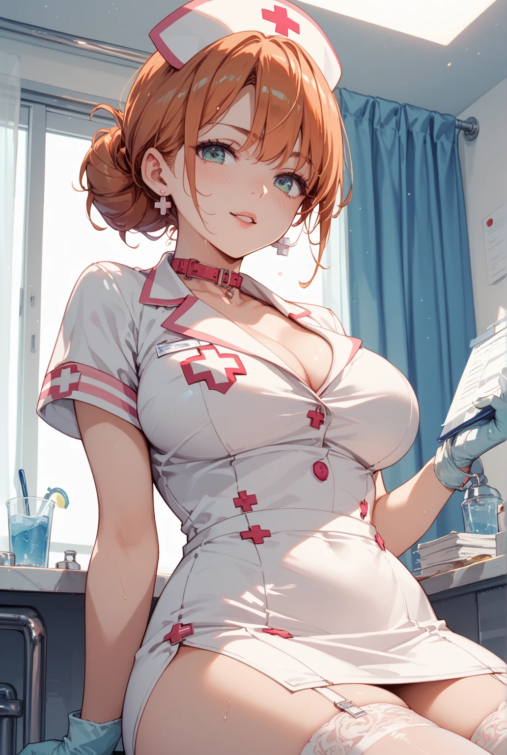 Woman 30 years, short red hair, nurse nurse, ??????????? clothing, unbuttoned blouse, no buttons, ??????, ??????, beautiful soft ???????, leaning forward, arms and hands resting on the knee, close-up, looking forward, penetrating and sensual look, slightly wide ????, big ???
