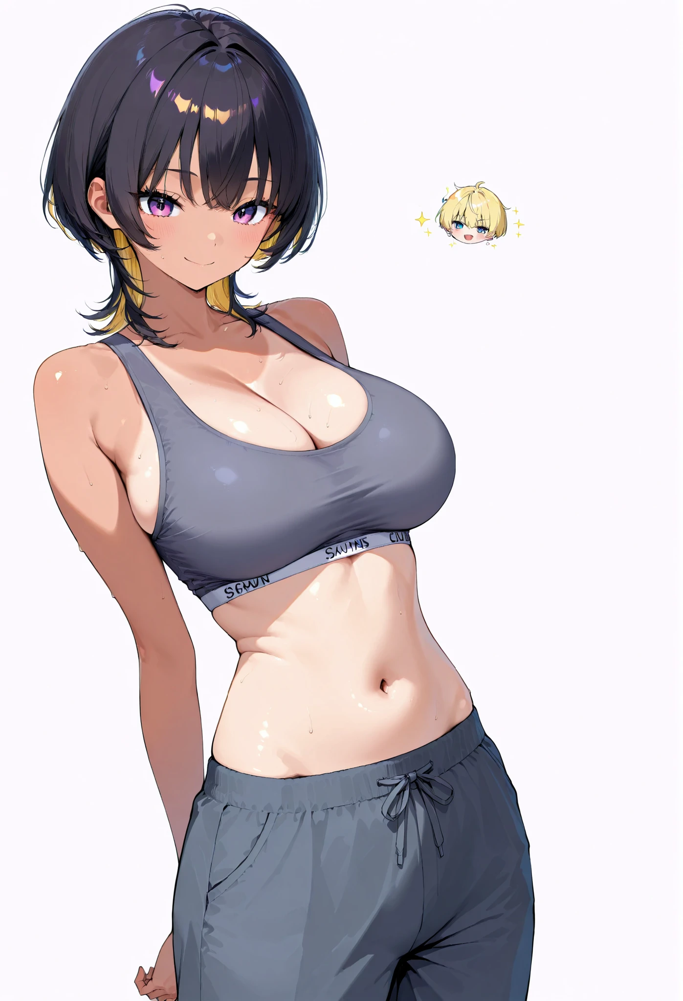 1 person、gray sports bra、gray pants、gray background、sunburn、スクール水着のsunburn、sunburnライン、VERY BIG BREASTS、blonde with dark hair、wolf cut、