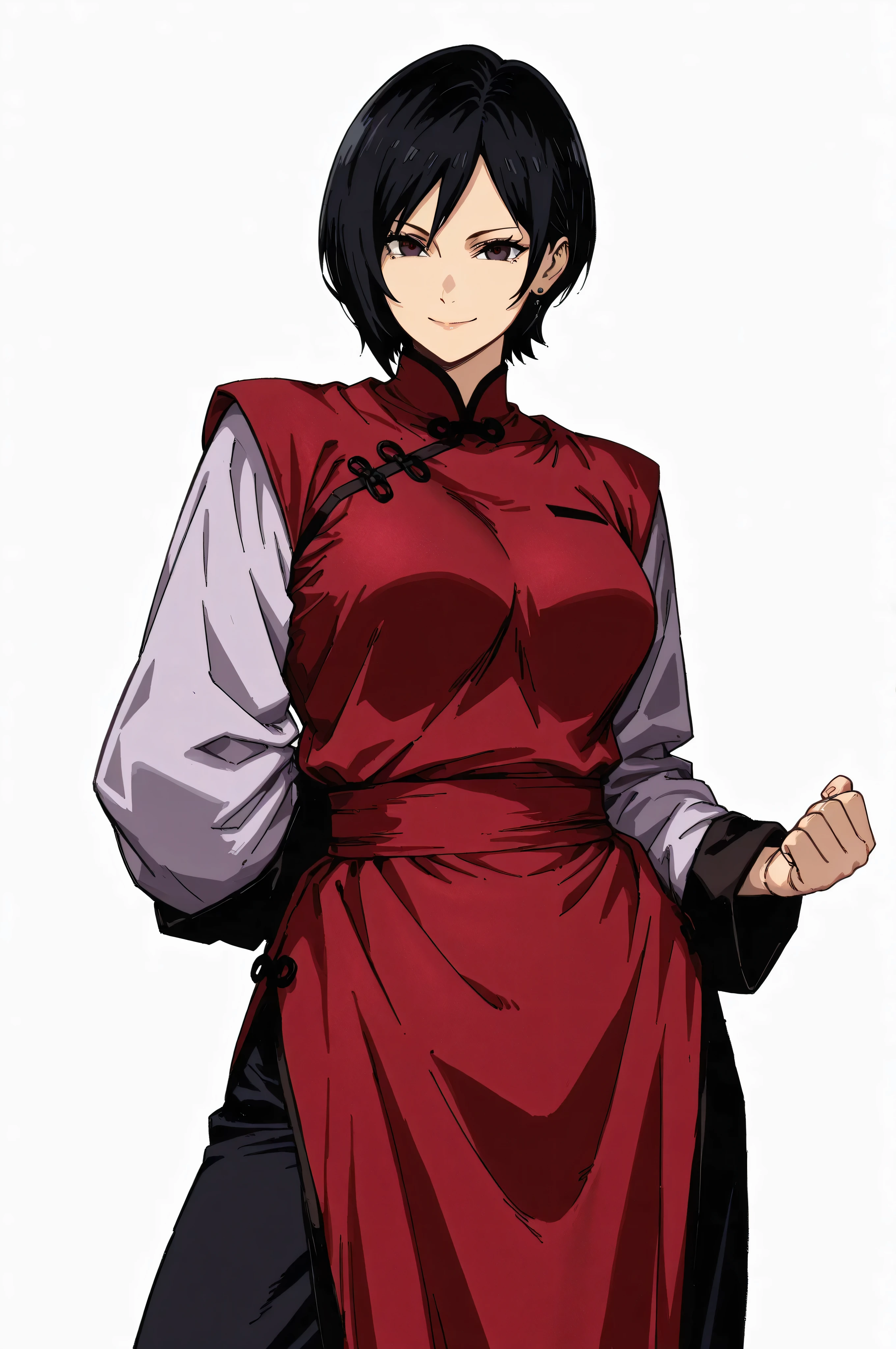 gsfghtr, multicolored robe, chinese clothes,KungFuUniform,score_9, score_8_up, score_7_up, gsfghtr, 1girl, smile serious, kohei horitoshi, white background, mature female, 1monk girl, anime style, pants, ada wong, kung fu master, 