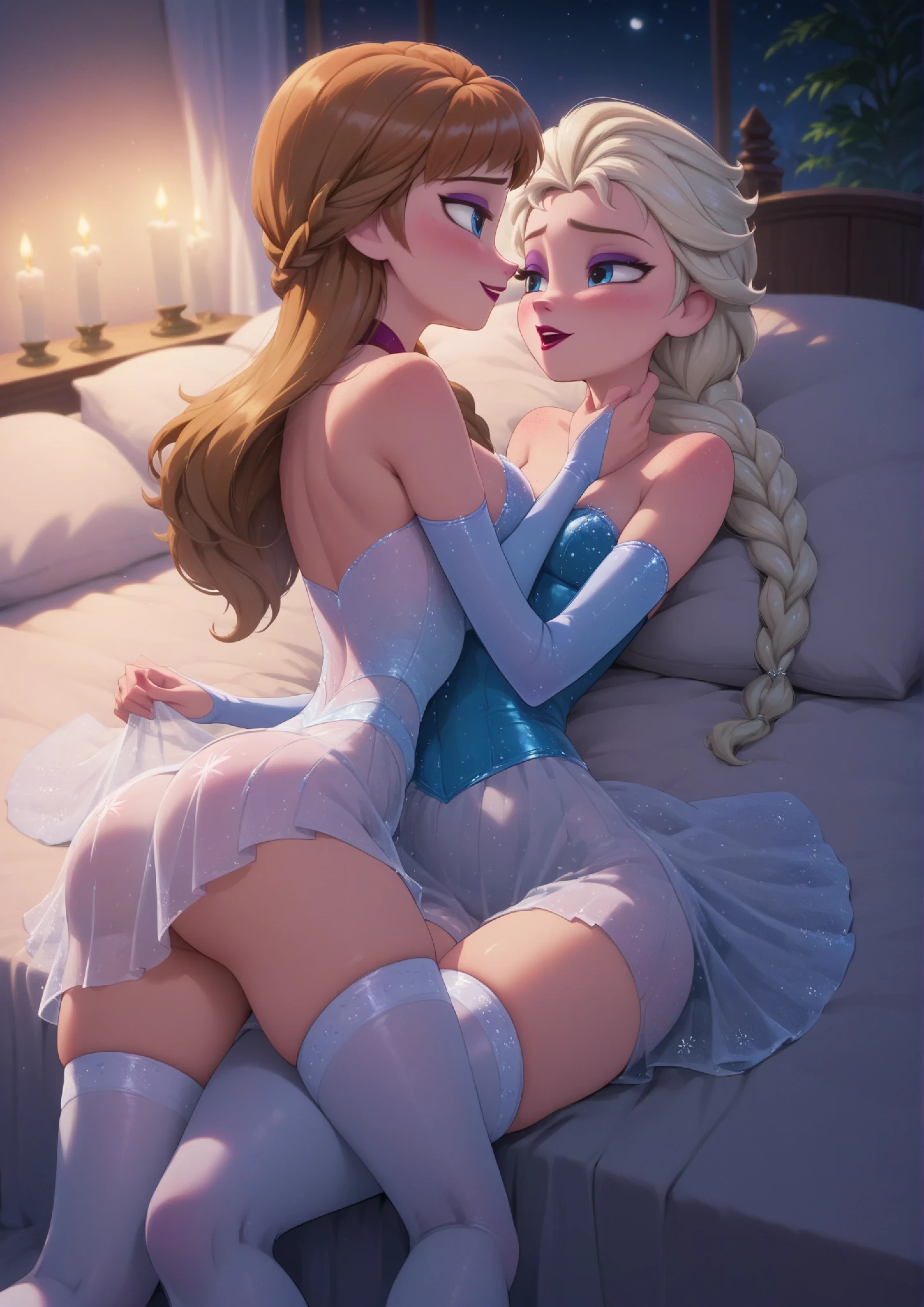 ((Anna et Elsa de La Reine des Neiges)), ((jupes et bas en latex transparents et sexy)), se regardant avec une passion intense, sur un lit, dans la nuit, la seule sorte d'illumination sont les bougies et la lune
