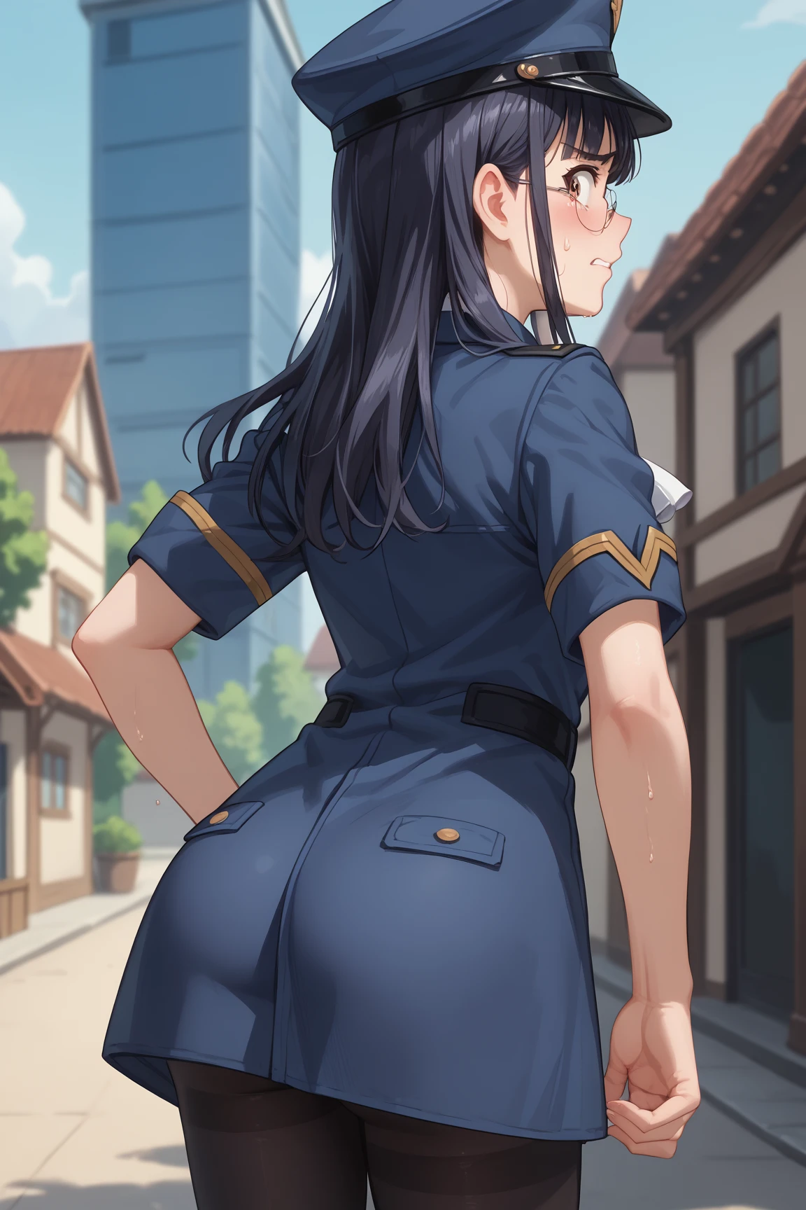 shiba miyuki, an anime character with an  and legs in stockings poses on a wall, 1girl, , solo, , long hair, blue eyes, thighhighs, black hair, , skirt, bangs, looking at viewer, , open mouth, black thighhighs, no , looking back, blush, smile no , , wet body, 