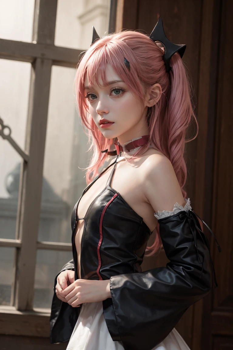 yuzurihainori, Inori Yuzuriha, hair between the eyes, Hair ornaments, Hair clip, long-haired, Twintails Low, pink hair, (Red Eyes:1.5), sidelocks, twintails, (small breast:1.2),
bare shoulder broken, black thighhighs, Chests apart, Open Center, detached sleeves, elbow gloves, fingerless gloves, gloves, navel, boots, tummy,
Indoor divider, class room,
Look at the audience.,
romper (masterpiece:1.2), bestquality, high-res, Unity 8k壁纸, (illustration:0.8), (beautiful detail eyes:1.6), very detailed face, perfect lighting, Very Detailed CG, (perfect hands, perfect anatomy),