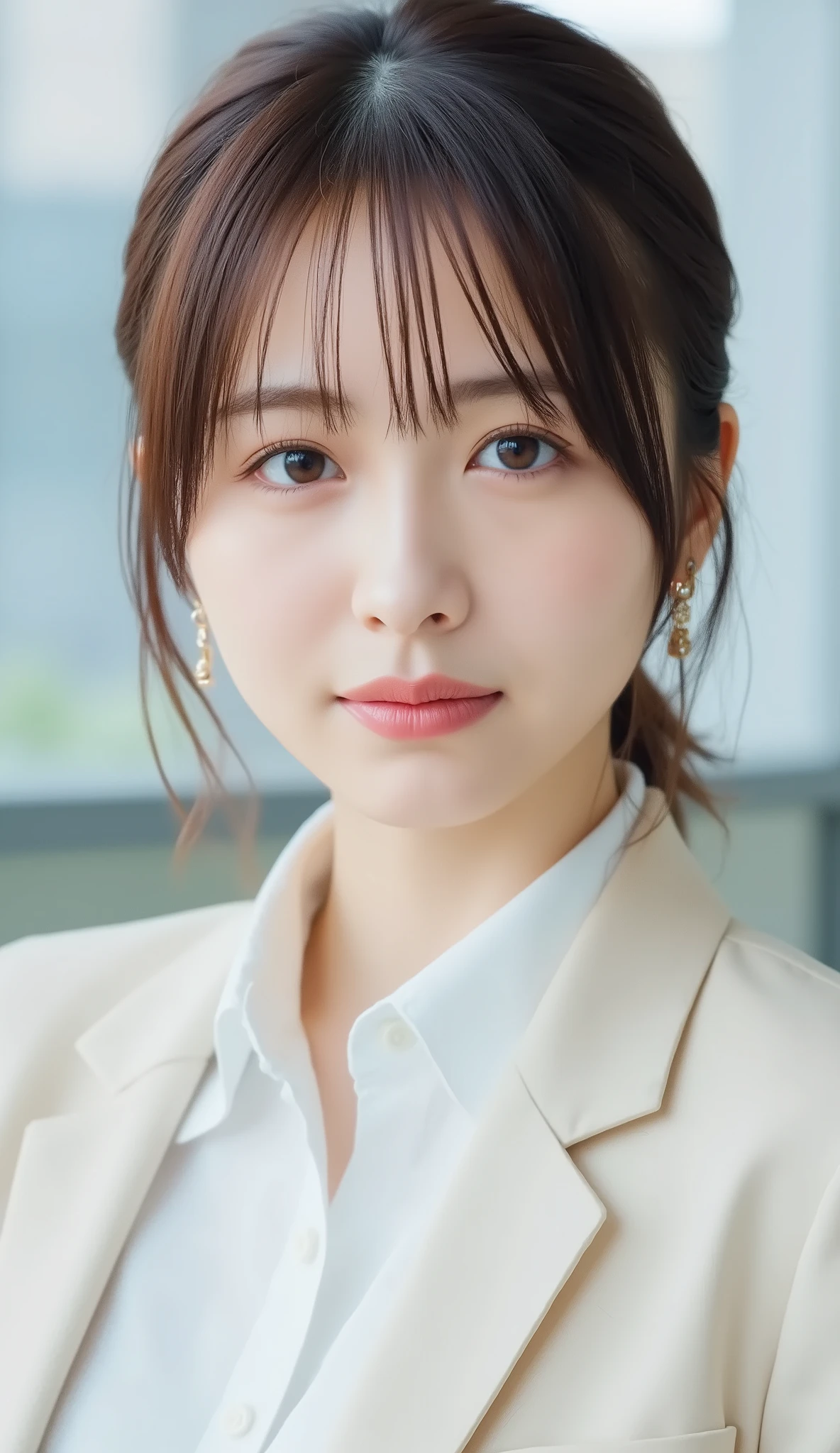 Neat Young Woman、and look at the camera、office lady suit、jacket、shirt、necklace、、ear piercing、、No expression、has closed its mouth、The background is office

