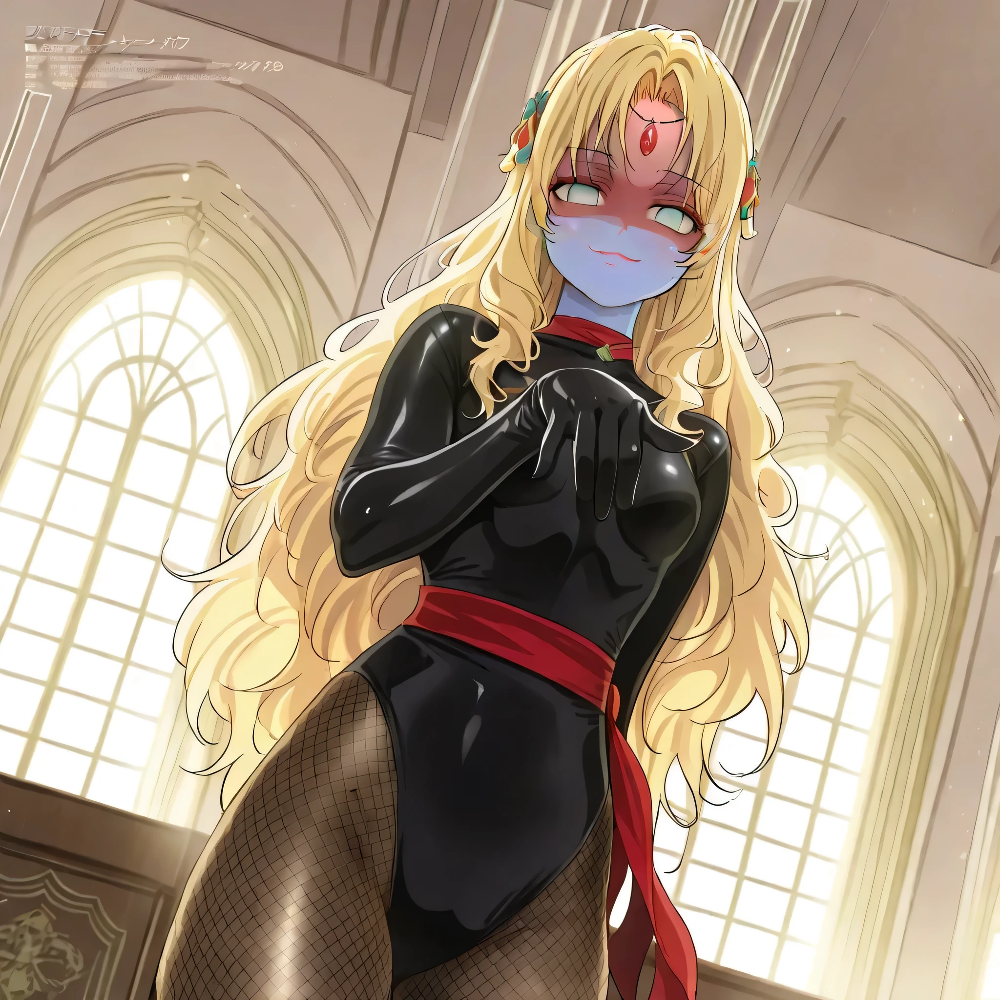 (((Masterpiece))), (((Best Quality))), ((Super Detail)), ultra-High resolution, score_9,score_8_up,score_7_up,score_6_up,score_5_up,score_4_up, BREAK, source_anime, anime screencap, uncensored, Masterpiece, (best shadow), (absurdres), (detailed background), (very aesthetic), detailed beautiful eyes, outstanding, an exquisite animation illustration, curvy, highres, dark persona, empty eyes, blank eyes, shocker, black leotard, latex elbow gloves, brown fishnet pantyhose, blue skin, colored skin, red sash, makeup, shaded face, red skin, (((solo, 1girl))), hair ornament, seductive pose, submissive pose, anime style, anime coloring, animification, megami magazine, sexy pose, athanasia, long hair, blonde hair, blue eyes, very long hair, wavy hair, forehead jewel, parted bangs, looking at viewer, slight smile, elegant pose, calm expression, delicate features, soft lighting, window light, warm lighting, indoors, palace interior, standing, cinematic angle, dynamic angle, dutch angle,