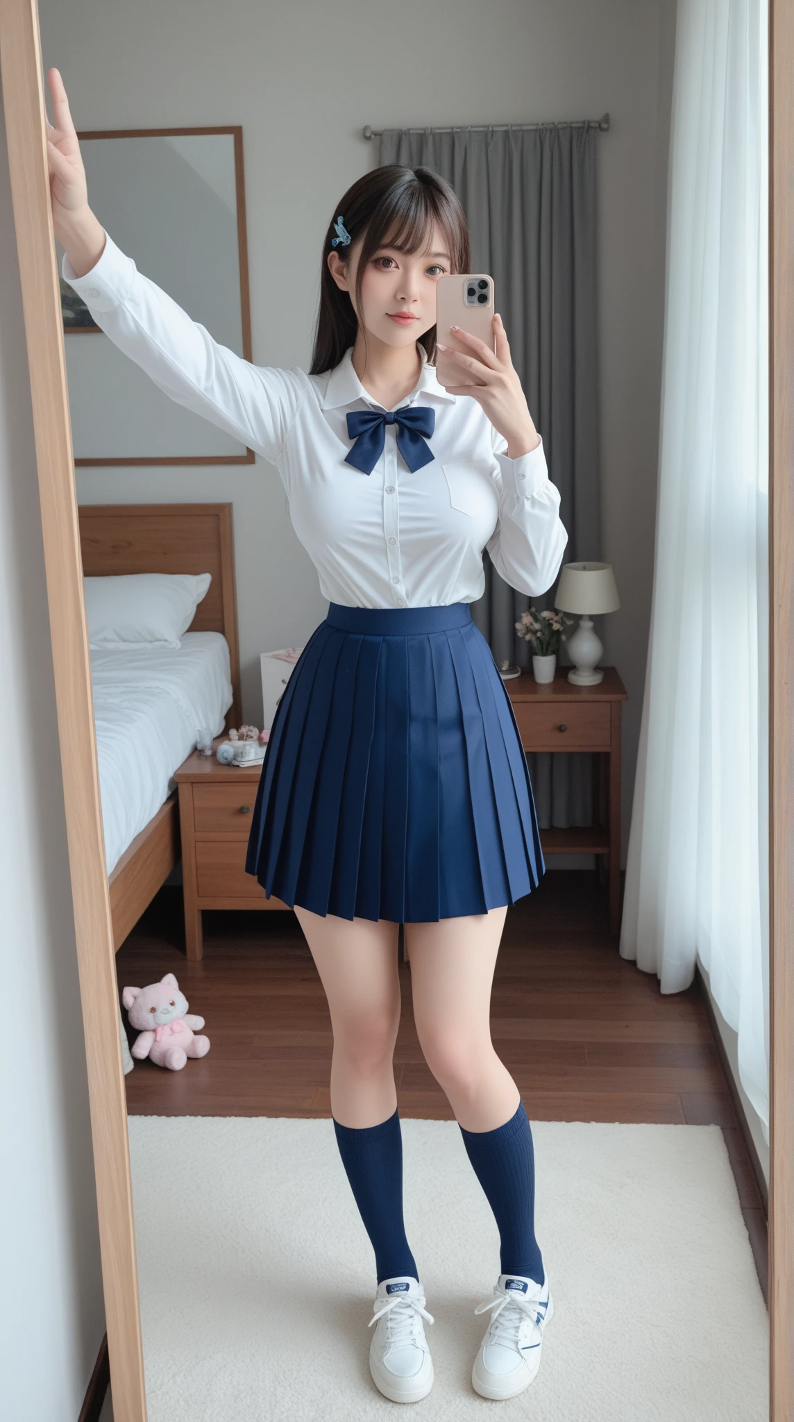 1girl, solo,(best quality),(masterpiece:1.1), full body, looking_at_viewer, dynamic angle, school uniform, cute, clear facial skin,