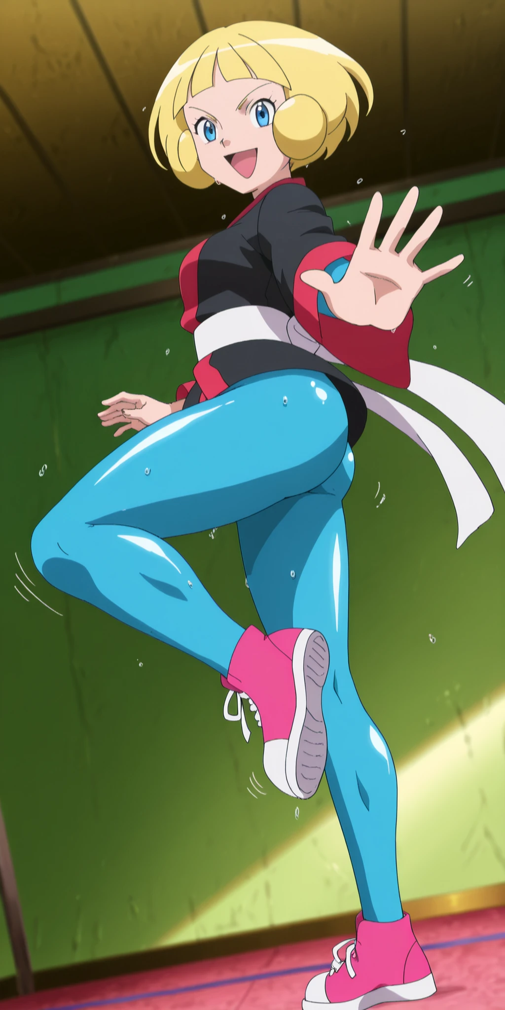 score_9, score_8_up, score_7_up, score_6_up, score_5_up,
gretapkmn, blonde hair, short hair, blunt bangs, eyelashes, blue bodysuit, skin tight, blue eyes, black and red kimono, long kimono, japanese clothes, pink sneakers, white sash,
, 1girl, solo, shiny thighs, indoors, japanese dono, beautiful legs, beautiful body, glossy bodysuit, shiny legs, dutch angle, full body shot, anime coloring, anime screencap, official style, foreshortening, depth of field, wide shot, looking at viewer, sexy pose, seductive pose, seducing viewer, sexy gestures, sexy body, skindentation, sugimorixd, from below:2.5, from side, thick ass, thick thighs, ass focus, open kimono, dynamic pose, glossy bodysuit, sweating, fighting stance, open palms, intense expression, confident smile, serious, knee up, open mouth, motion lines, motion blur, speed lines