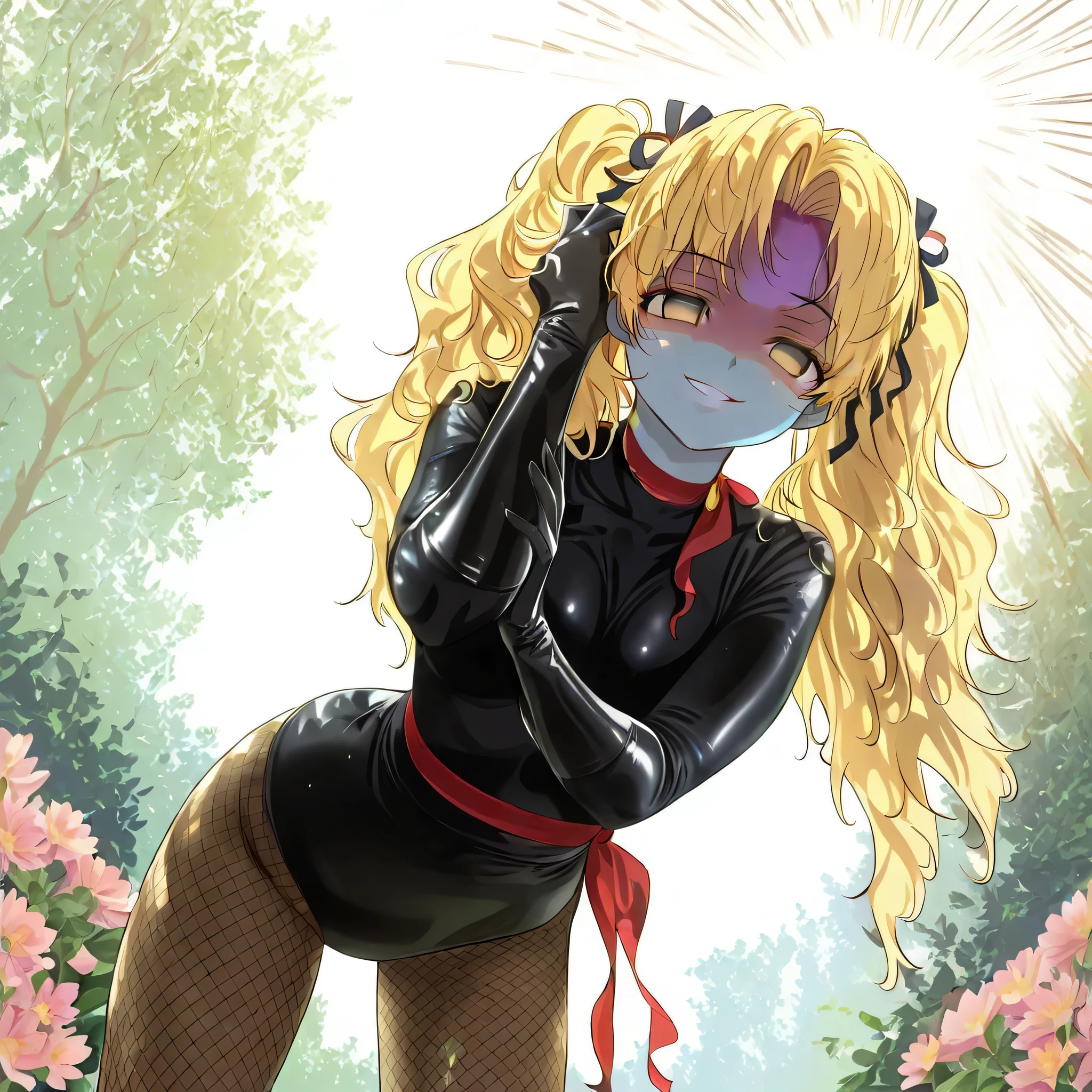 (((Masterpiece))), (((Best Quality))), ((Super Detail)), ultra-High resolution, score_9,score_8_up,score_7_up,score_6_up,score_5_up,score_4_up, BREAK, source_anime, anime screencap, uncensored, Masterpiece, (best shadow), (absurdres), (detailed background), (very aesthetic), detailed beautiful eyes, outstanding, an exquisite animation illustration, curvy, highres, shiny clothing, dark persona, empty eyes, blank eyes, shocker, black leotard, latex elbow gloves, brown fishnet pantyhose, (((blue skin))), colored skin, red sash, makeup, shaded face, (((solo, 1girl))), hair ornament, seductive pose, submissive pose, anime style, anime coloring, animification, megami magazine, sexy pose, small breast, athanasia, long hair, blonde hair, blue eyes, very long hair, wavy hair, twin tails, hair ribbon, parted bangs, cinematic angle, dynamic angle, dutch angle, looking at viewer, cheerful expression, bright smile, daylight, outdoors, garden, flower background, petal, wind, windy, flower, hand on hair, dappeld light, sunbeam, bent over, leaning forward, arched back