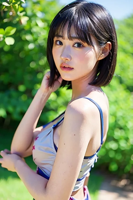 top quality、1 girl、plump big breasts、Glowing light、blurred background、Bokeh、pink vest、Denim shorts、(short hair、forehead:1.2)、Beautiful sky and details、ear  ring、(dynamic poses:1.2)、 (upper part of body:0.8)、soft light、Wind、shiny skin、Keep a straight face，No expression、coastal、evening、backlight、