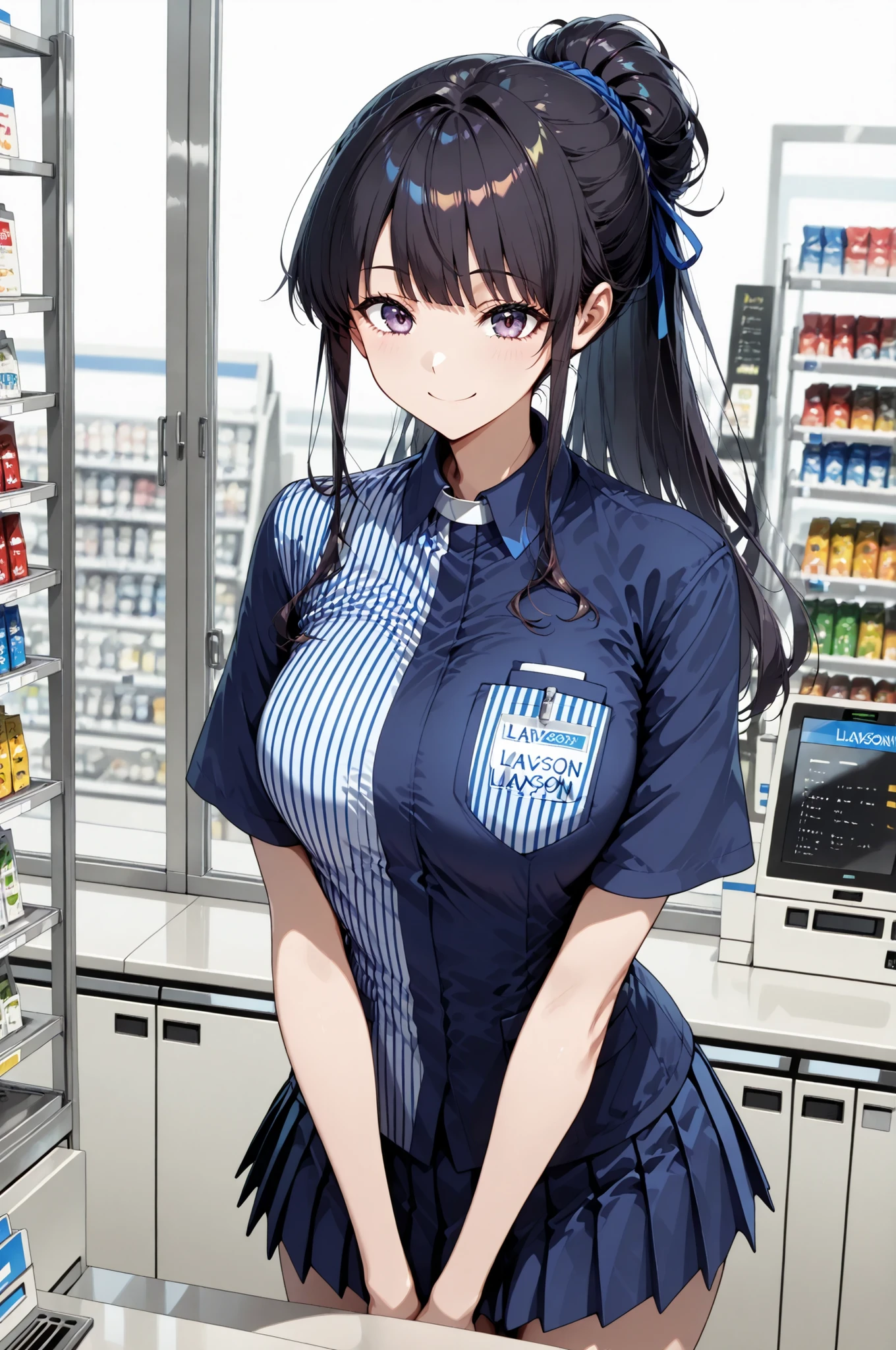 1 Girl, Lawson's uniform, mini skirt, Long hair tied at the back, dark haired, Convenience Store:1.2, over the counter:1.4, registers, solo, ((Smile Yan)), 4 fingers:1.2, Hands in front of the body, In front of the display shelf, Pay attention to light and shadow in every detail, blurred background, (Highest Quality:1.2, 4K, 8k, Very Detailed, attention to detail, masterpiece:1.2, Ultimate aesthetics),