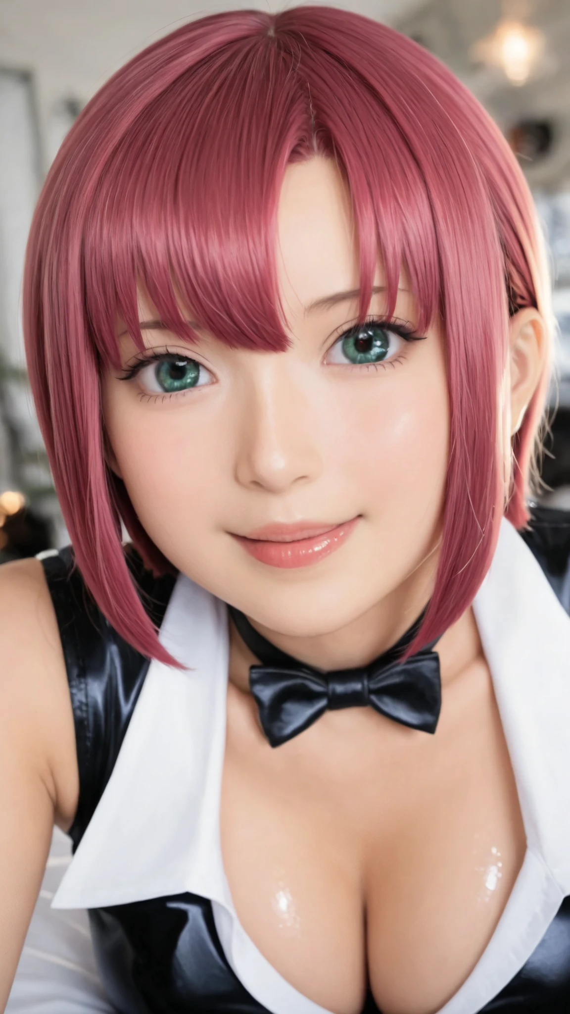 Rio Rollins Tachibana, masterpiece, ultra-HD, photoRealistic, Impressionism , high definition, depth of field, dynamic lighting, Highest Quality, very aesthetic, 8k, Highest Quality, clear focus,
Realistic.
Age 19, Thick lips, beautiful,
 Reddish Pink Hair,short hair,green eyes,Real Eyes,Real skin. 
1girl,best quality, ultra detailed,high resolution,photrealistic,raw photo, shiny skin, smaller face, big eyes, masterpiece,Very Detailed,very aestheticな,Realistic,Realistic beauty from the chauffeur,depth of field,Highest Quality,clear focus,Calm Lighting,rich breasts during the phallus,Glowing Skin, tilts its head,open your mouth slightly,naughty smile,bed,lie down,cleavage,xtrem close-up(face:2).