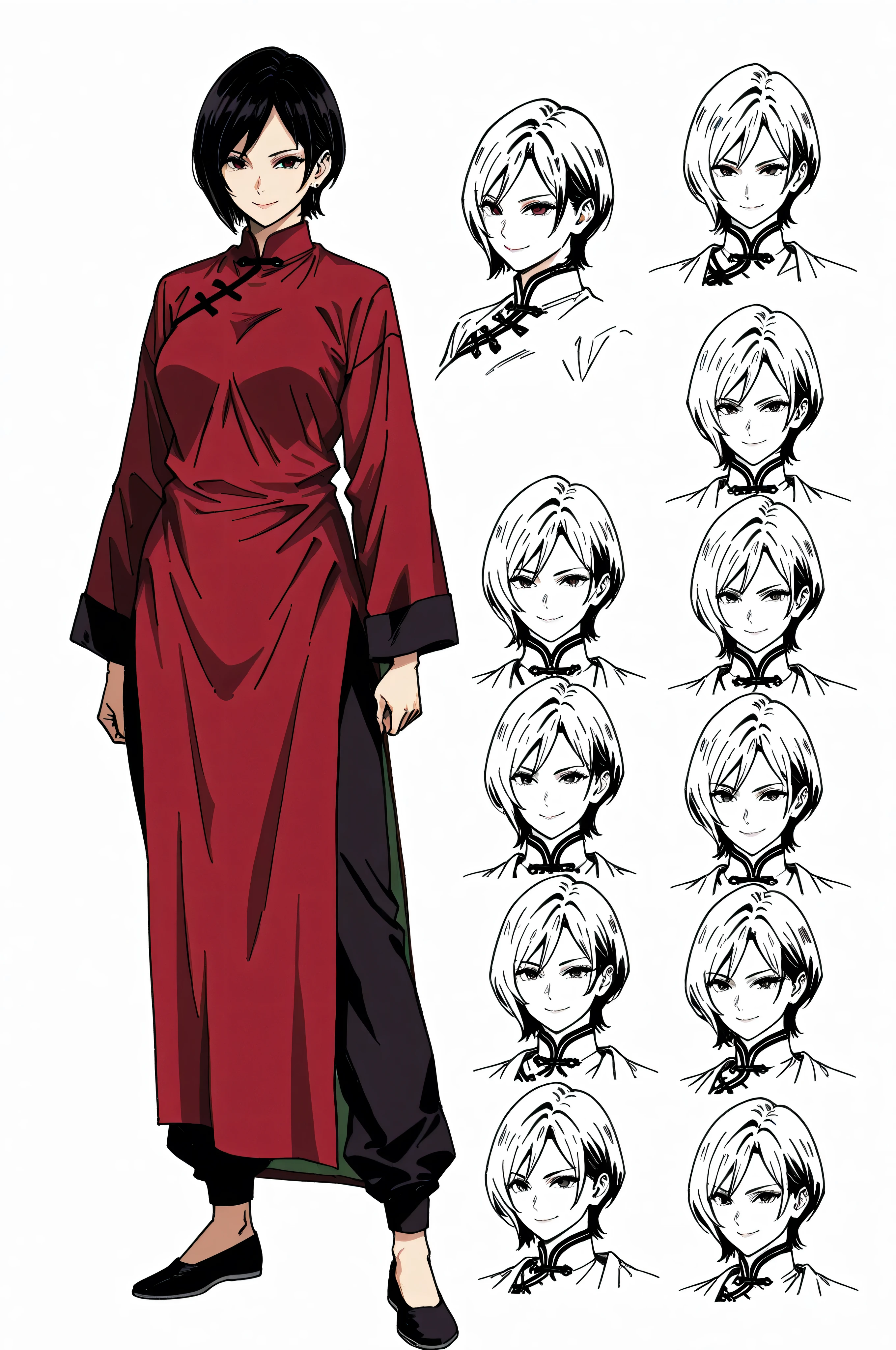 gsfghtr, multicolored robe, chinese clothes,KungFuUniform,score_9, score_8_up, score_7_up, gsfghtr, 1girl, smile serious, kohei horitoshi, white background, mature female, 1monk girl, anime style, pants, ada wong, character sheet,