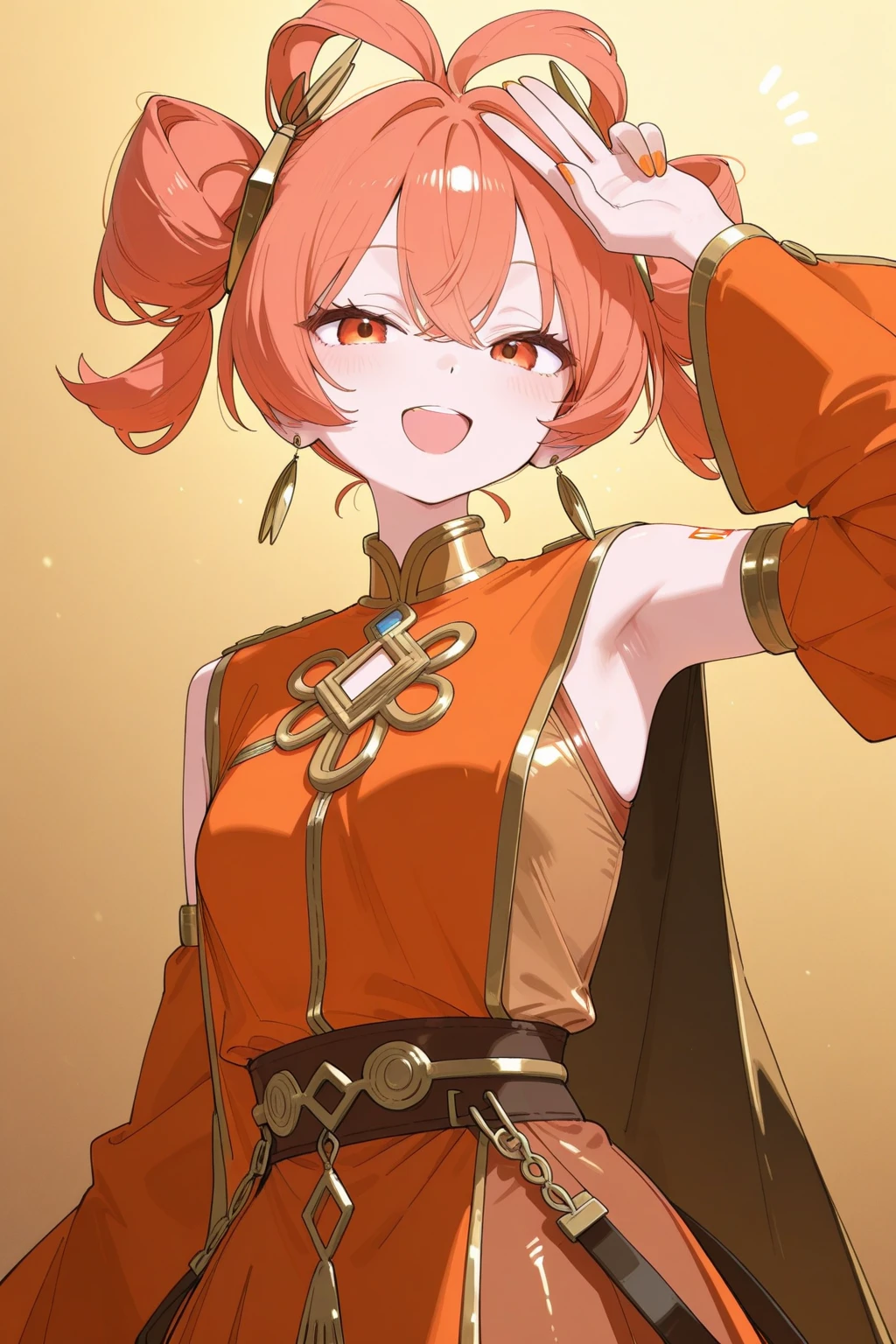 1 girl、one person、skinny body shape、orange clothes、orange hair、beautiful green eyes、intense joy on the face、white uniform with golden decorations、upper body close-up, style of Chun-li clothes