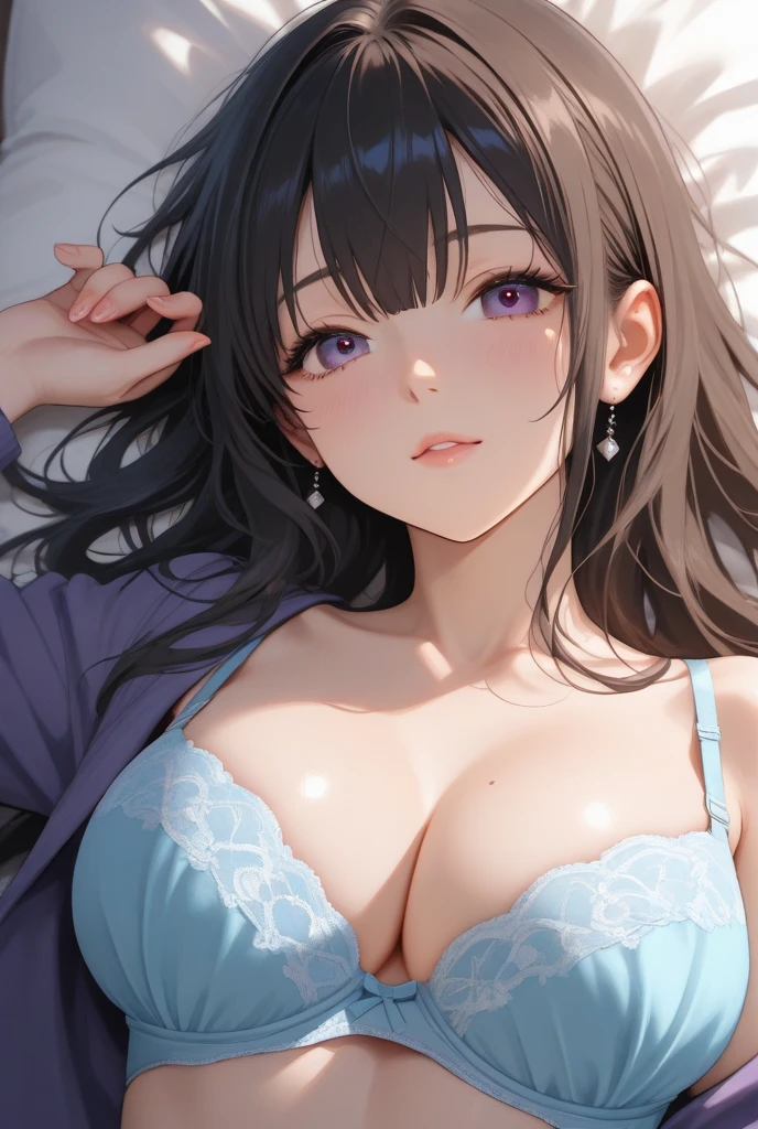 ((:1.4, masterpiece, best quality, highres, UHD, perfect pixel, depth of field, 4k, RTX, HDR))), 1girl, single, solo, beautiful anime girl, beautiful artstyle, anime character, ((long hair, bangs, dark brown hair, messy hair:1.6, curly hair:0.8)), ((curly eyelashes, realistic eyes)), ((detailed face, blushing:1.2)), ((smooth texture:0.75, realistic texture:0.5, anime CG style)), ((, cleavage)), indoor, bedroom, dynamic angle, busty, perfect body, dynamic pose, armpit, hands up, ((fall asleep on the bed, supine, sleepy, closed eyes, laying on bed, sleeping pose)), ((sleep on your side)), ((close up, POV, cute, shot on face, sighing expression, wake up)), ((purple bra color, purple lingerie)), (natural light, light reflection, morning)