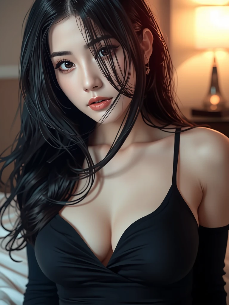 Black Lingerie, Volumetric lighting、Highly detailed face、One girl、dark、Deep Shadow、Hair length、Gray Hair、Shooting angle、From below、Exposed thighs、Looking back