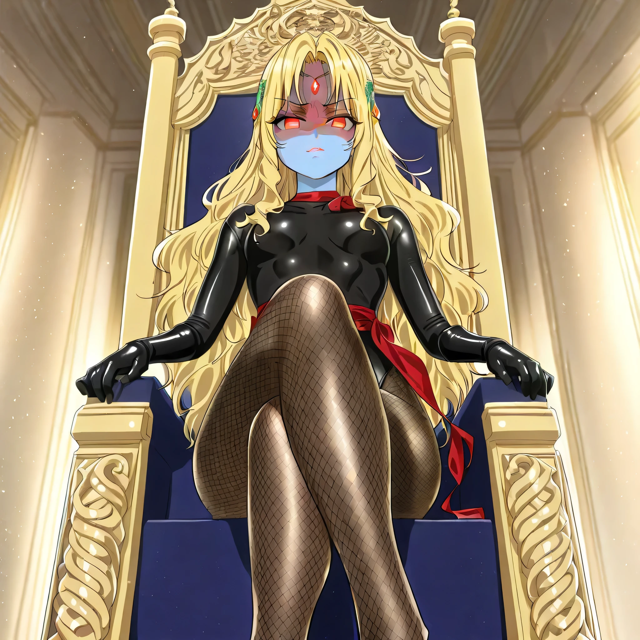 (((Masterpiece))), (((Best Quality))), ((Super Detail)), ultra-High resolution, score_9,score_8_up,score_7_up,score_6_up,score_5_up,score_4_up, BREAK, source_anime, anime screencap, uncensored, Masterpiece, (best shadow), (absurdres), (detailed background), (very aesthetic), detailed beautiful eyes, outstanding, an exquisite animation illustration, curvy, highres, shiny clothing, dark persona, empty eyes, blank eyes, shocker, black leotard, latex elbow gloves, brown fishnet pantyhose, blue skin, colored skin, red sash, makeup, shaded face, red skin (((solo, 1girl))), hair ornament, seductive pose, submissive pose, anime style, anime coloring, animification, megami magazine, sexy pose, small breast, athanasia, long hair, blonde hair, blue eyes, very long hair, wavy hair, forehead jewel, parted bangs, jewel, royalty, looking at viewer, serious expression, regal pose, majestic presence, formal lighting, indoors, throne room, sitting on throne chair, crossed legs, official portrait setting, detailed background, sharp focus, glowing eyes, looking from below, view from below, from below,