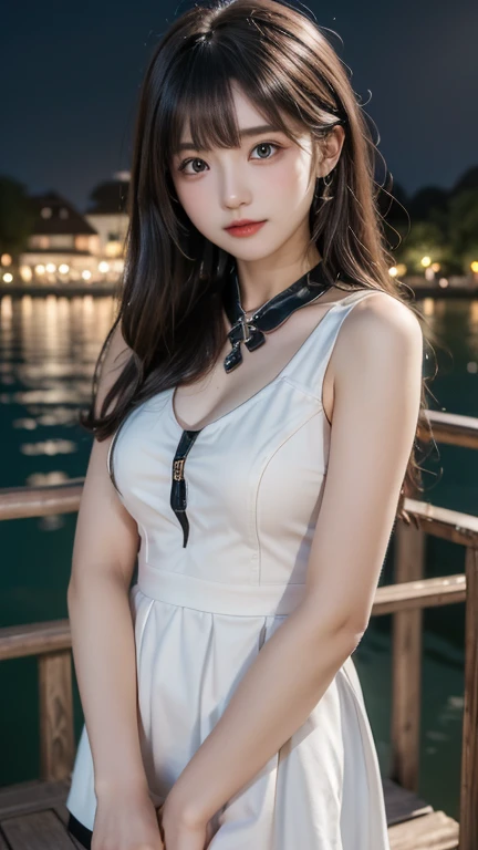 Beautiful woman wearing a white blue Wearing elegan style clothes mini dress with decorations on the shirt and visible shoulders and wearing boots and being photographed with a background And was in a cave filled with shiny and beautiful crystals ,Korean style swag, beautiful face so gorgeous, Beautiful eyes, y2k style, 