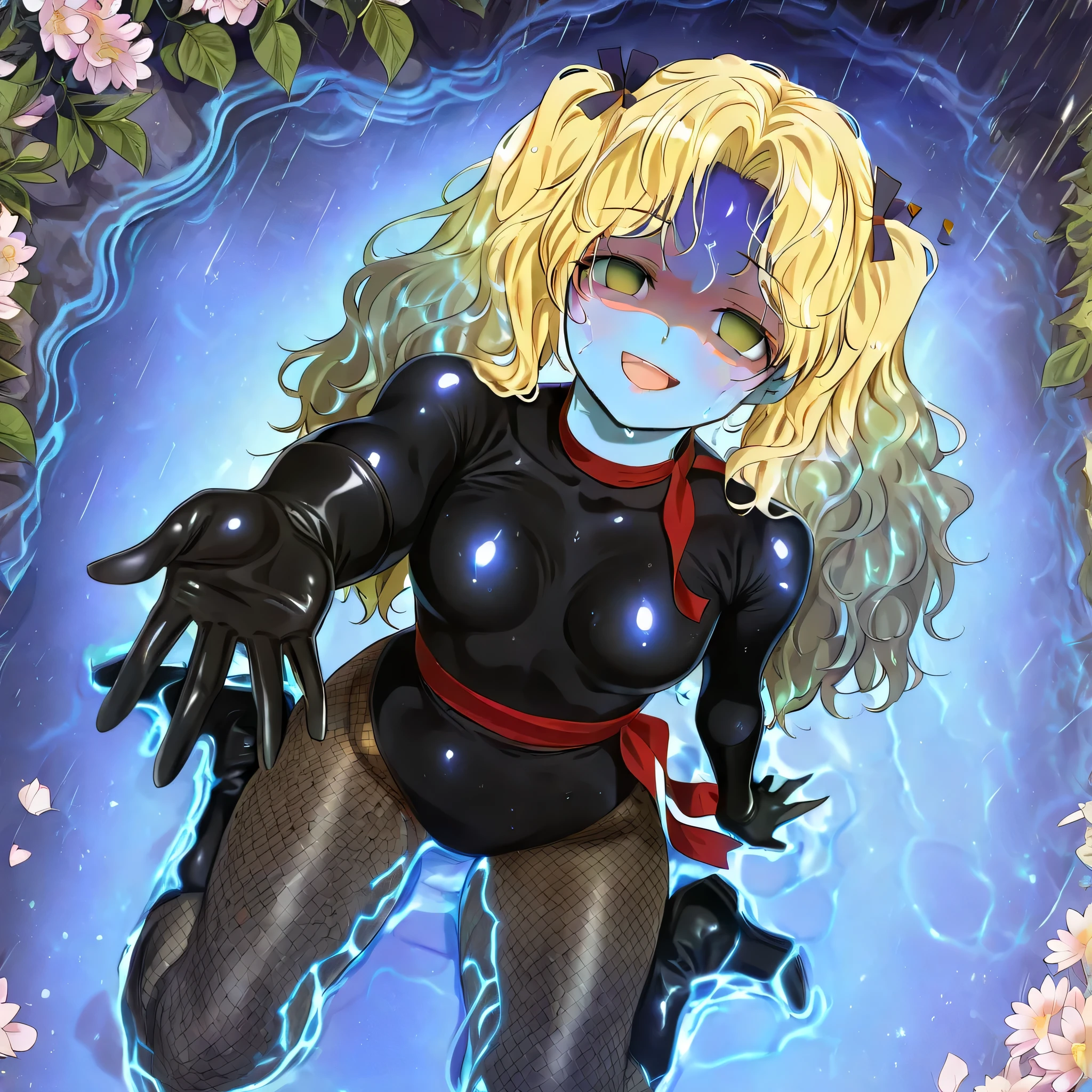 (((Masterpiece))), (((Best Quality))), ((Super Detail)), ultra-High resolution, score_9,score_8_up,score_7_up,score_6_up,score_5_up,score_4_up, BREAK, source_anime, anime screencap, uncensored, Masterpiece, (best shadow), (absurdres), (detailed background), (very aesthetic), detailed beautiful eyes, outstanding, an exquisite animation illustration, curvy, highres, shiny clothing, dark persona, empty eyes, blank eyes, shocker, black leotard, latex elbow gloves, brown fishnet pantyhose, (((blue skin))), colored skin, red sash, makeup, shaded face, (((solo, 1girl))), hair ornament, seductive pose, submissive pose, anime style, anime coloring, animification, megami magazine, sexy pose, small breast, athanasia, long hair, blonde hair, blue eyes, very long hair, wavy hair, twin tails, hair ribbon, parted bangs, cinematic angle, dynamic angle, dutch angle, wariza, kneeling, looking from above, view from above, from above, outstretched hand, outstretched arm, reach out, reaching toward viewer, rain, dowpour, flooded, wet body, wet skin, wet hair, soak, sweat, partially submerged, submerged, smile, happy, moonlight, petal, glowing water, open mouth, night, flower, wind, windy, petal, tilt head, head tilt