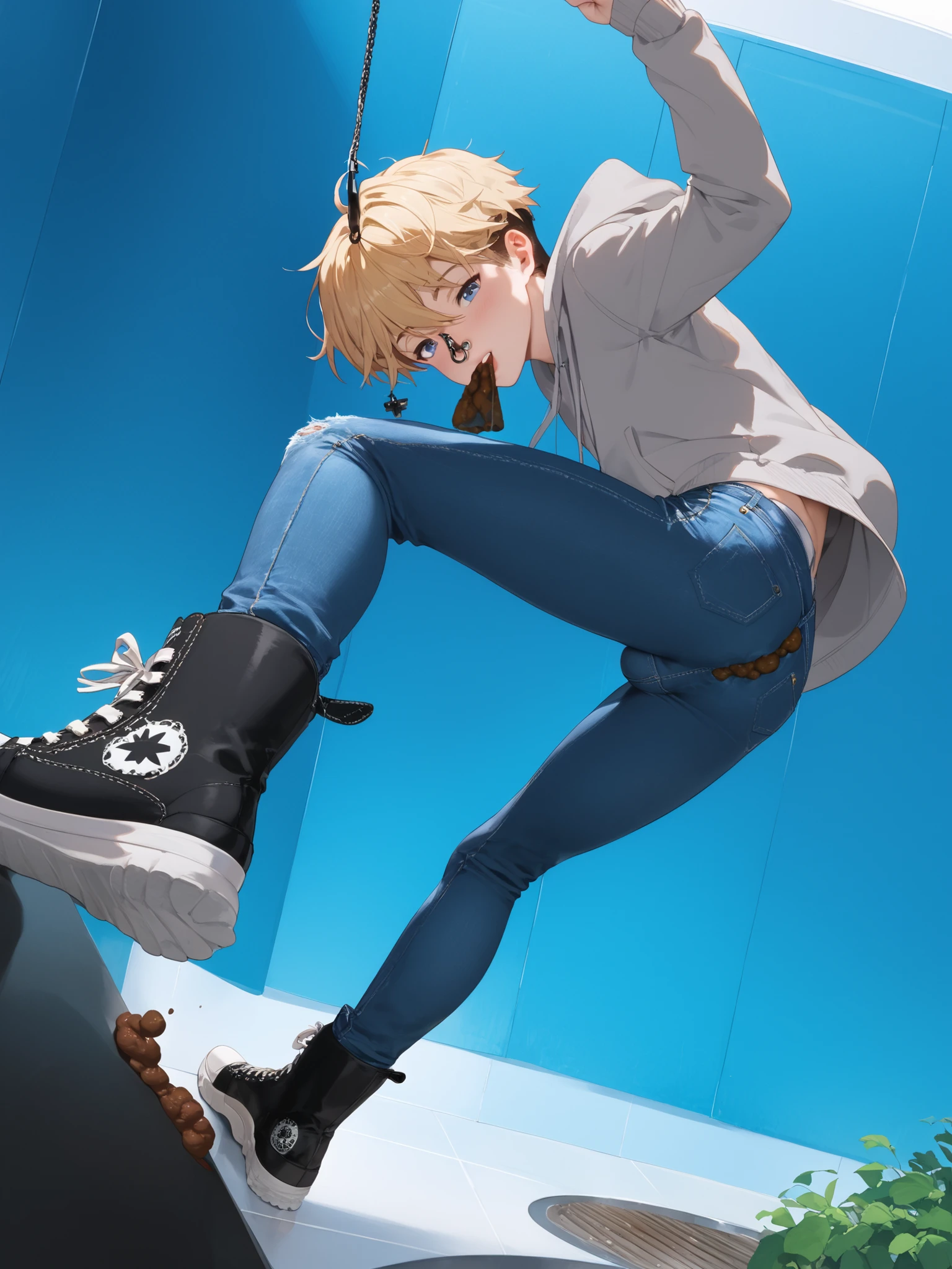 Hollister Jeans, 1 boy、show your butt、on all fours、Looking Back、He wears black half-knee high converse-boots sneakers xhi:1.9, grey Vans hoodie, pair of light blue skin tight leggings-jeans, fitting like second skin, volume in your crotch, small bulge under the jeans、Ahe face、nose hook、defecation、(((jeans hole Poop ,, with poop))), . he too lazy to use bathroom, Close-up on pants. A hard piece of excrement protrudes from between the back pockets of his jeans