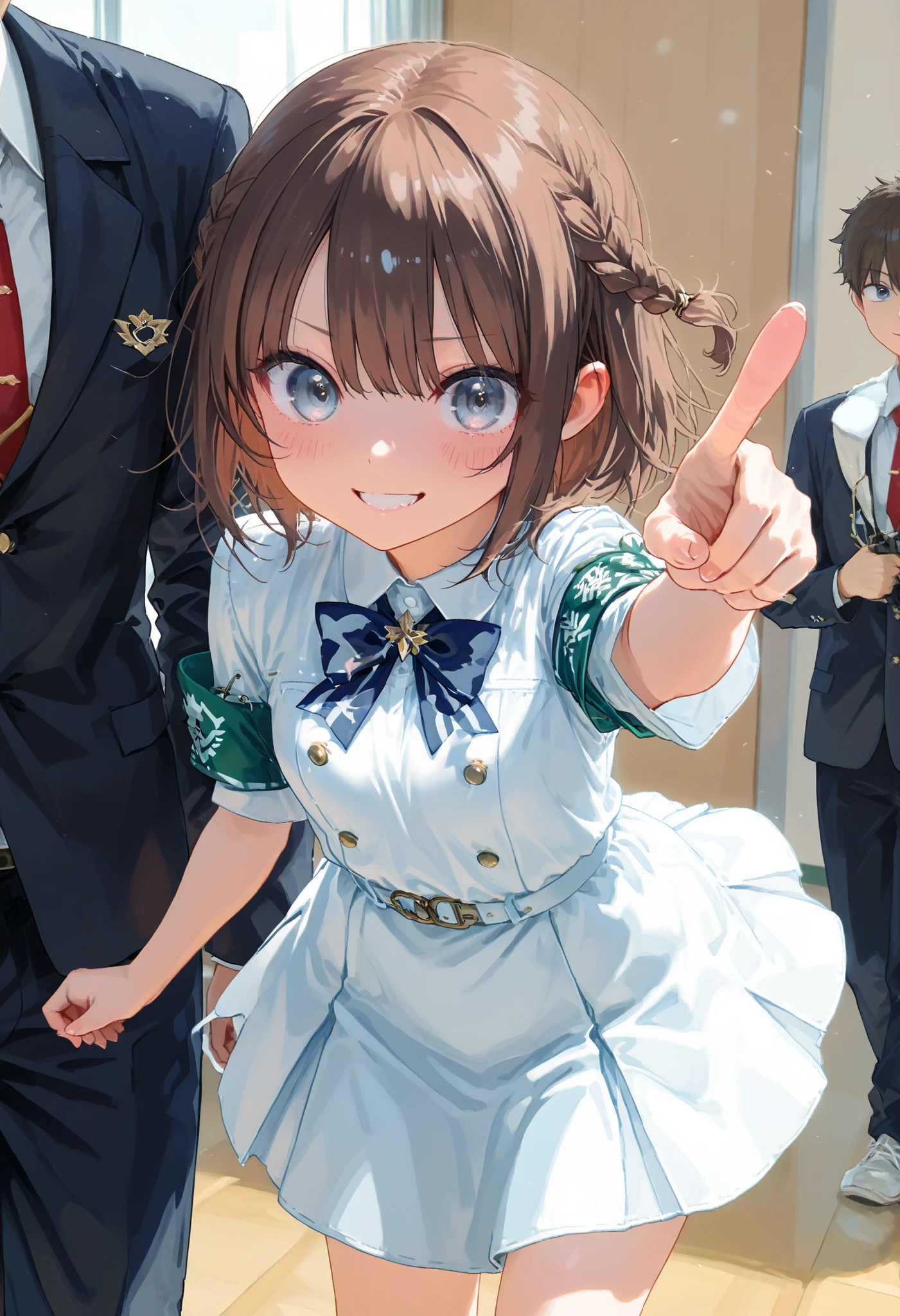 Little Girl with High Pressure Discipline Chairman,(((Chairman of the Discipline Committee's armband))),About 150 centimeters,charismatic presence, Tall Boys Surrounding Her Surrounding Her Surrounding Area,Pointing and Instructing,4K High Resolution,High Dynamic Range,brown hair,shortcuts,unkempt hair,Short braided hair,Neat,slender beauty,correct attitude,small breasted,beautiful legs,The enchanting gray-blue eyes shine like stars,Saggy Eyes,Brilliant Colors,beautiful eyes,A delicate smile,Textured Skin,BEST QUALITY THE BEST,gentle and beautiful woman,anime style、Super Realistic Digital Illustration with Excellent Detail Description,Deep Tones,Dramatic Lighting,Precise Texturing,Little Girl with High Pressure Discipline Chairman, Chairman of the Discipline Committee's armband, About 150 centimeters, charismatic presence, Pointing at the Students, Confrontation with the Student Council, The Student Council President is also a little girl, 4K Realistic Illustration, Extremely detailed down to the details, professional, Vivid Colors, Delicate Light and Shadow, Central Figure of the Disciplinary Committee, Strictly Instructing the Students, Coercive Behavior, Small but Strong Presence, Trying to solve school problems, Confrontation with the Rebellious Student Council President