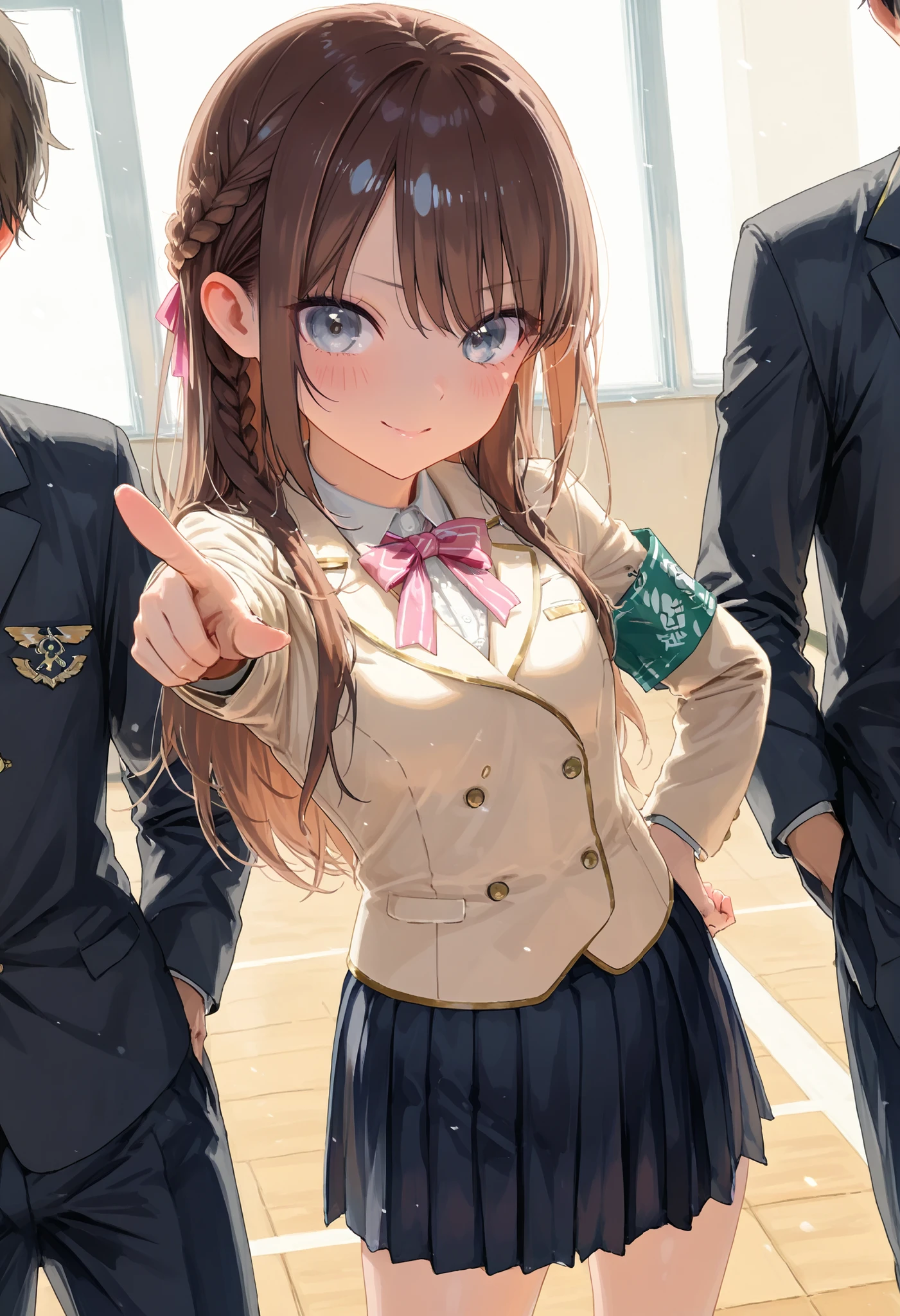 Little Girl with High Pressure Discipline Chairman,(((Chairman of the Discipline Committee's armband))),About 150 centimeters,charismatic presence, Tall Boys Surrounding Her Surrounding Her Surrounding Area,Pointing and Instructing,4K High Resolution,High Dynamic Range,brown hair,shortcuts,unkempt hair,Short braided hair,Neat,slender beauty,correct attitude,small breasted,beautiful legs,The enchanting gray-blue eyes shine like stars,Saggy Eyes,Brilliant Colors,beautiful eyes,A delicate smile,Textured Skin,BEST QUALITY THE BEST,gentle and beautiful woman,anime style、Super Realistic Digital Illustration with Excellent Detail Description,Deep Tones,Dramatic Lighting,Precise Texturing,Little Girl with High Pressure Discipline Chairman, Chairman of the Discipline Committee's armband, About 150 centimeters, charismatic presence, Pointing at the Students, Confrontation with the Student Council, The Student Council President is also a little girl, 4K Realistic Illustration, Extremely detailed down to the details, professional, Vivid Colors, Delicate Light and Shadow, Central Figure of the Disciplinary Committee, Strictly Instructing the Students, Coercive Behavior, Small but Strong Presence, Trying to solve school problems, Confrontation with the Rebellious Student Council President
